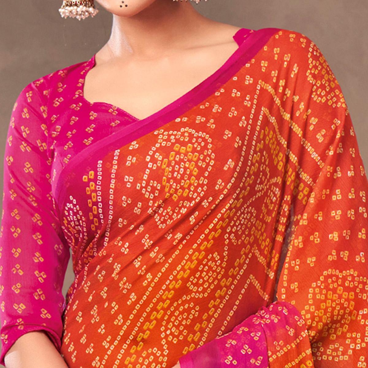 Orange Casual Wear Printed Chiffon Saree - Peachmode