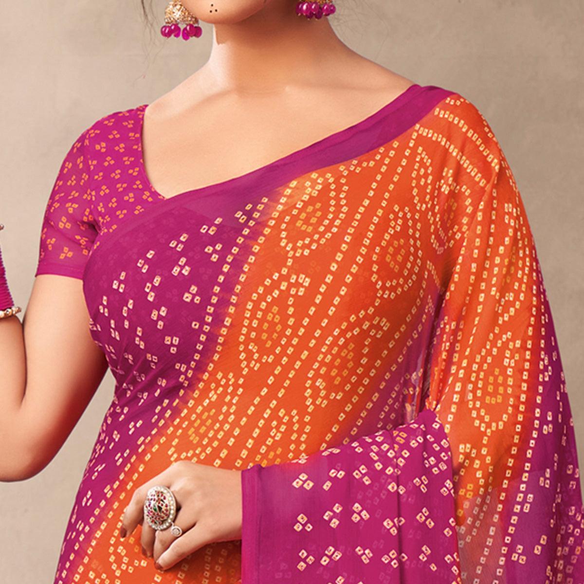 Orange Casual Wear Printed Chiffon Saree - Peachmode