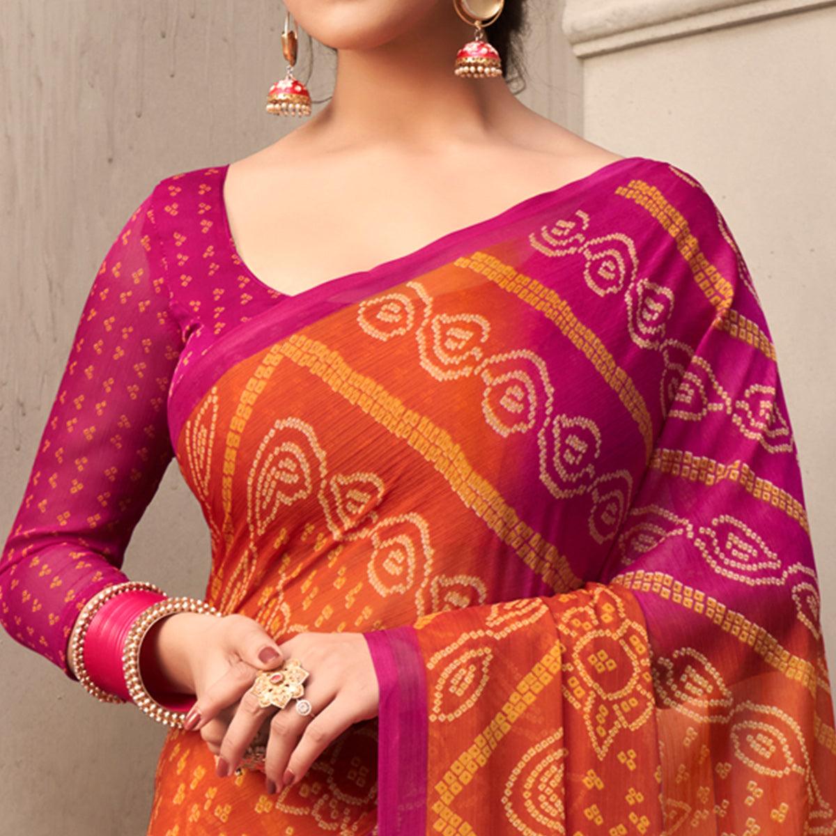 Orange Casual Wear Printed Chiffon Saree - Peachmode