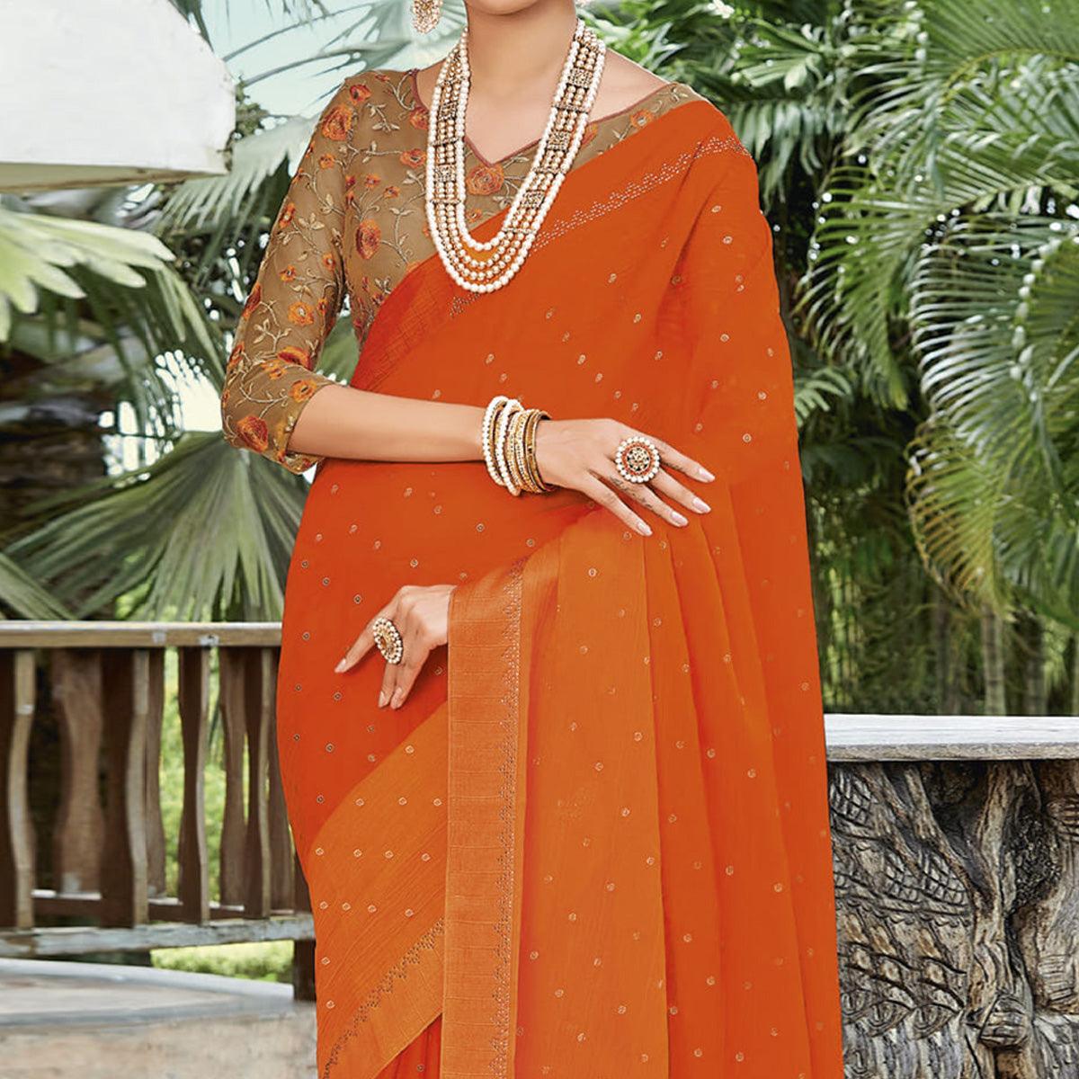 Orange Casual Wear Printed Chiffon Saree - Peachmode