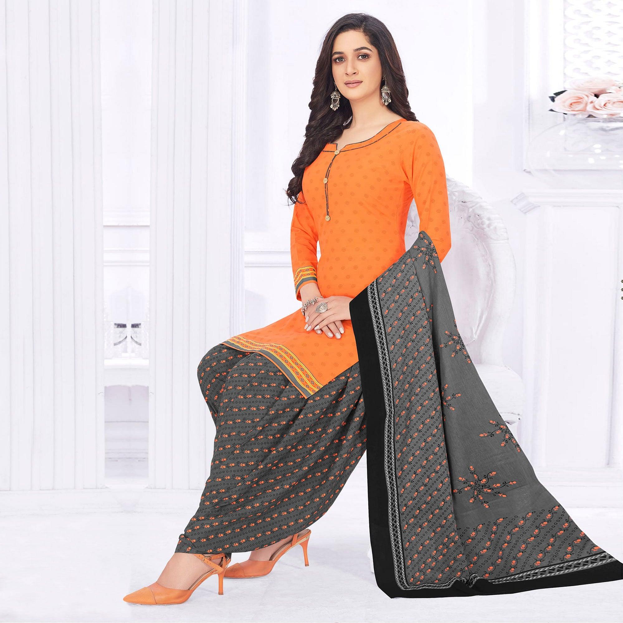 Orange Casual Wear Printed Cotton Dress Material - Peachmode