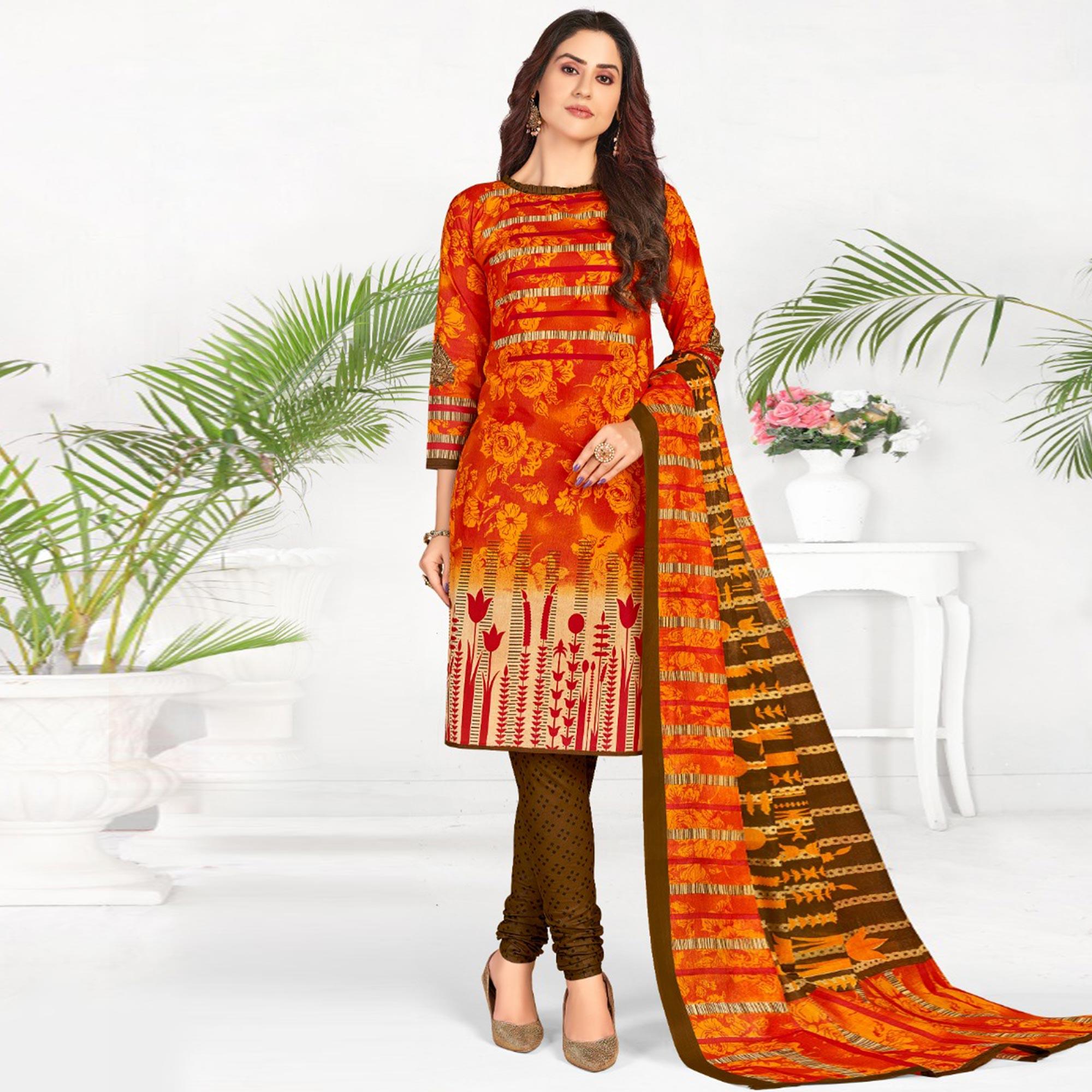 Orange Casual Wear Printed Cotton Dress Material - Peachmode