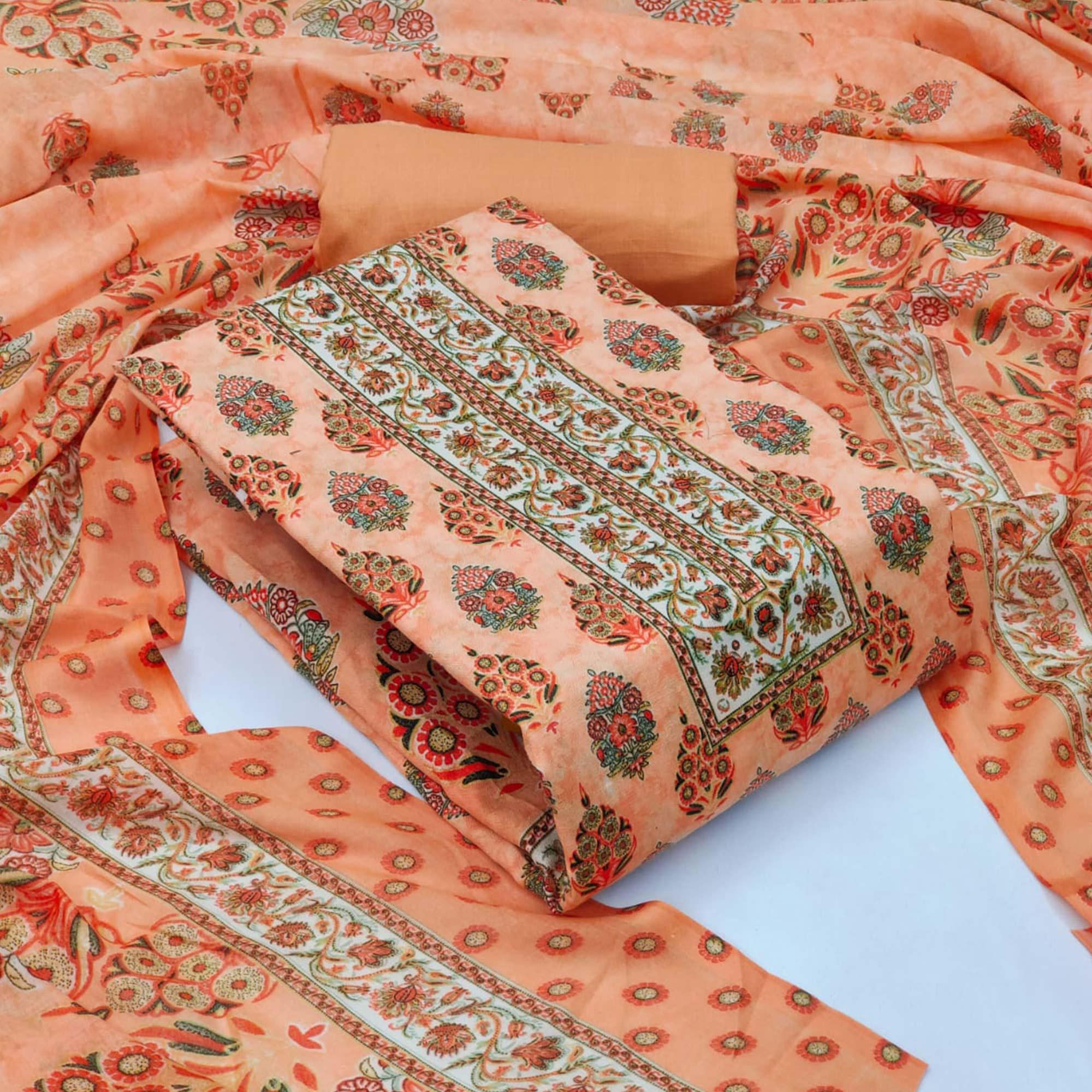 Orange Casual Wear Printed Cotton Dress Material - Peachmode
