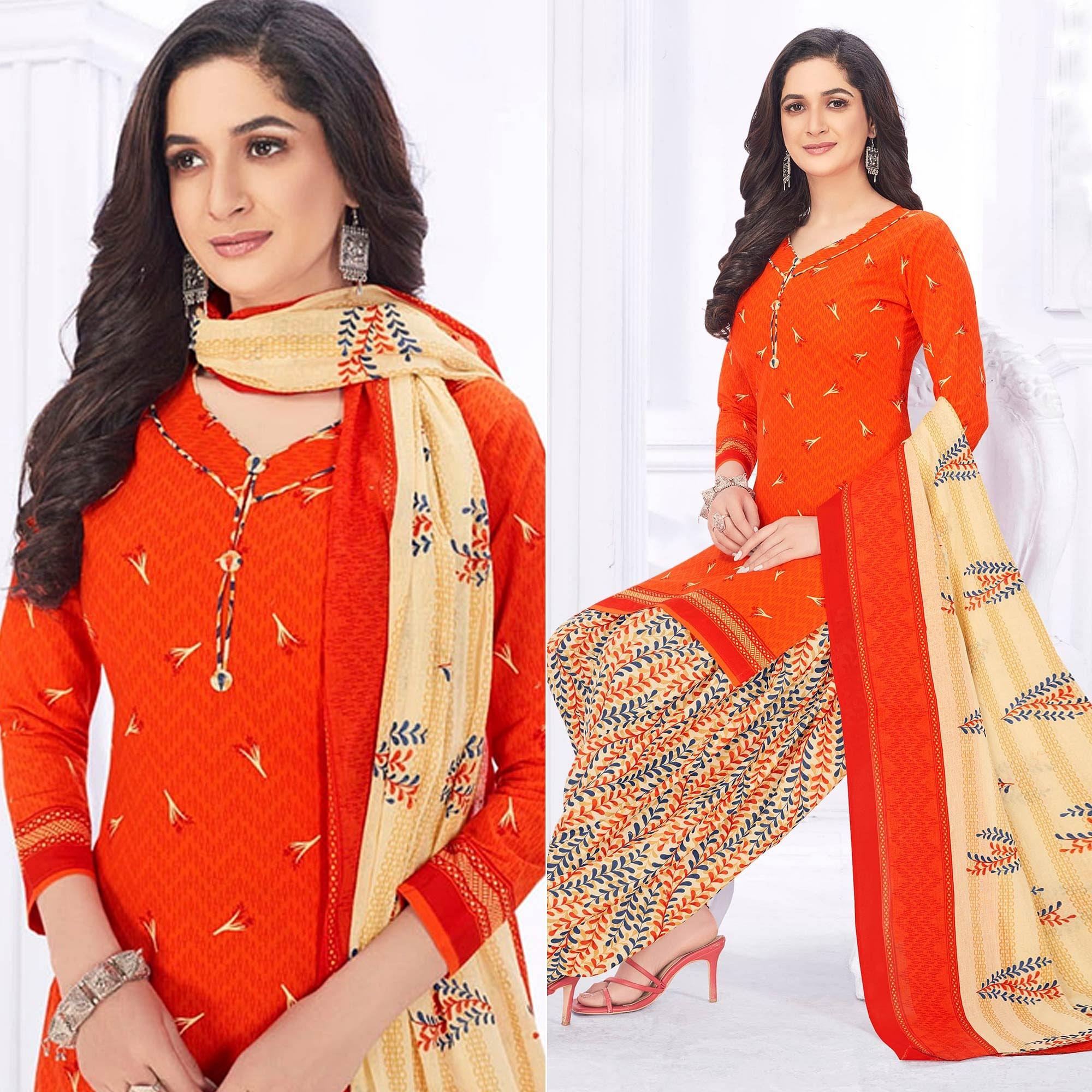 Orange Casual Wear Printed Cotton Dress Material - Peachmode
