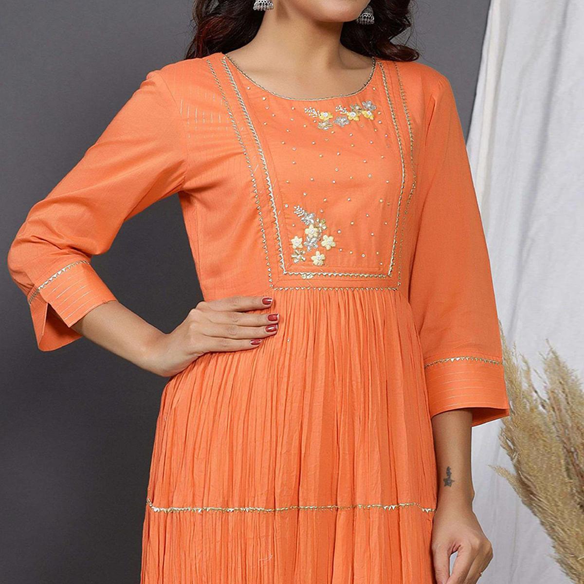 Orange Casual Wear Printed Cotton Gown - Peachmode