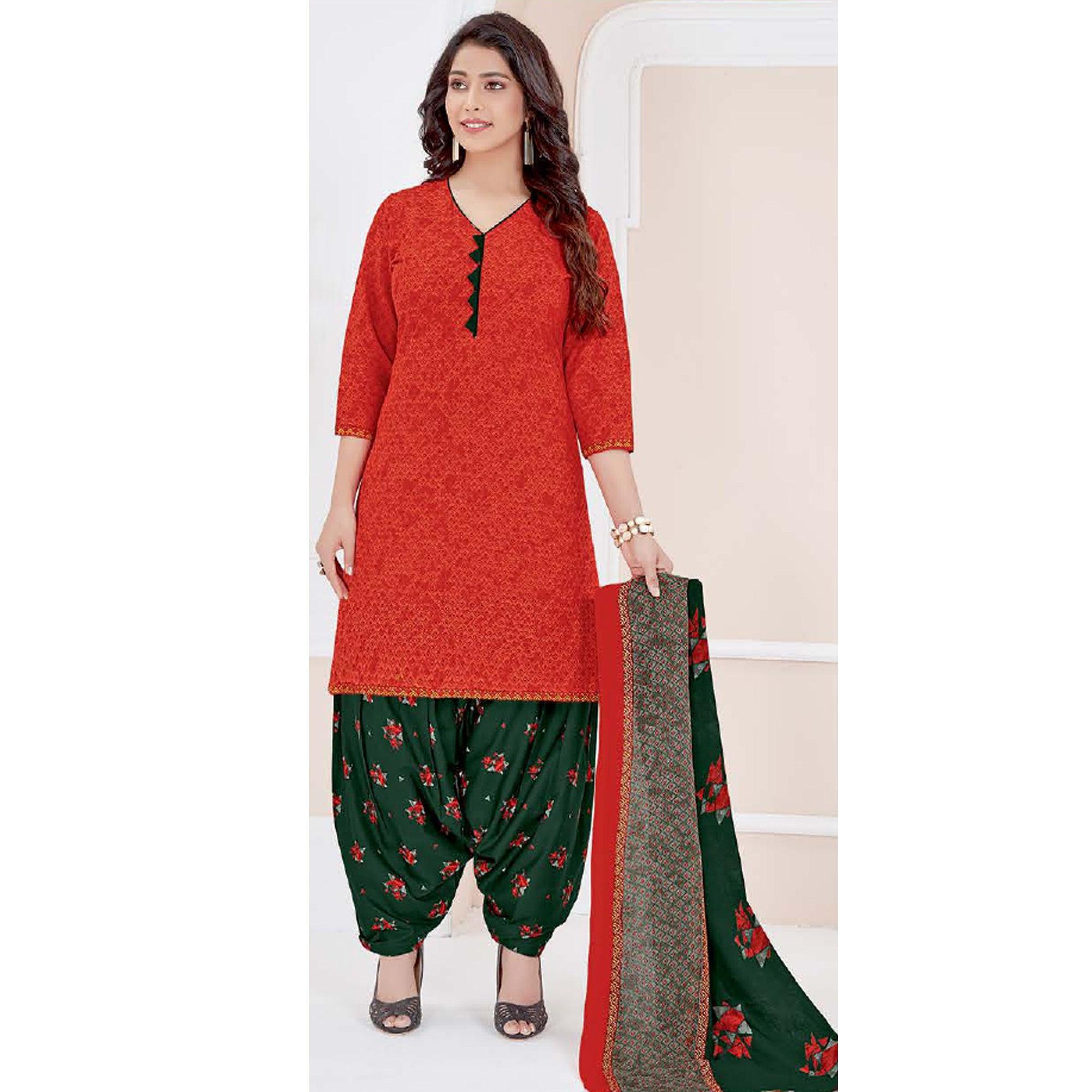 Orange Casual Wear Printed Cotton Patiala Dress Material - Peachmode
