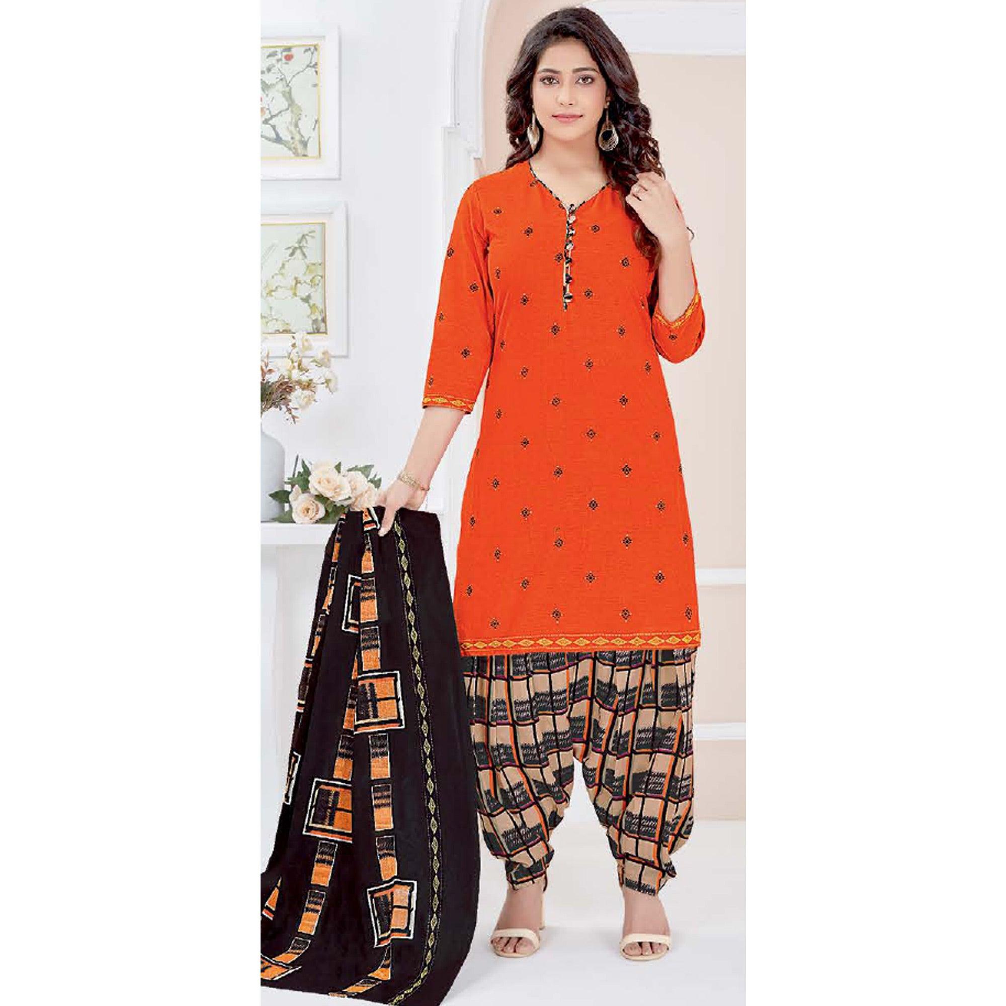 Orange Casual Wear Printed Cotton Patiala Dress Material - Peachmode
