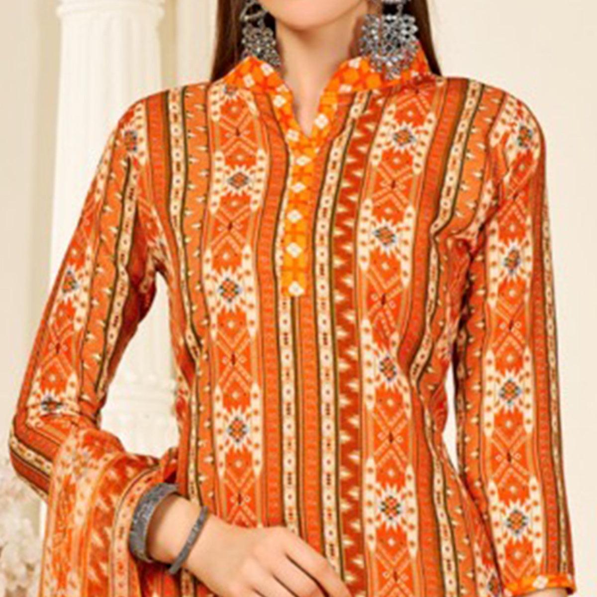 Orange Casual Wear Printed Cotton Patiala Suit - Peachmode