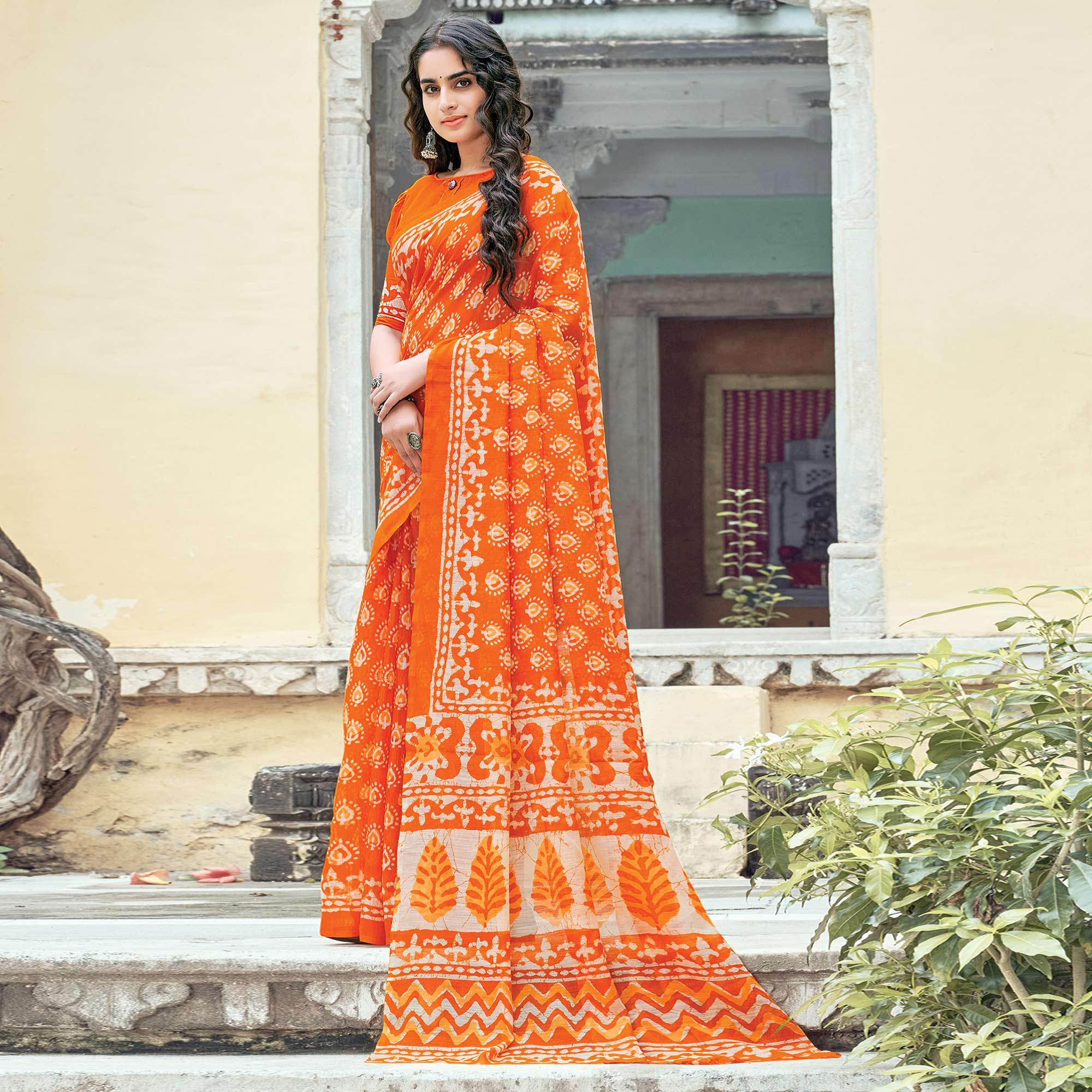 Orange Casual Wear Printed Cotton Saree - Peachmode