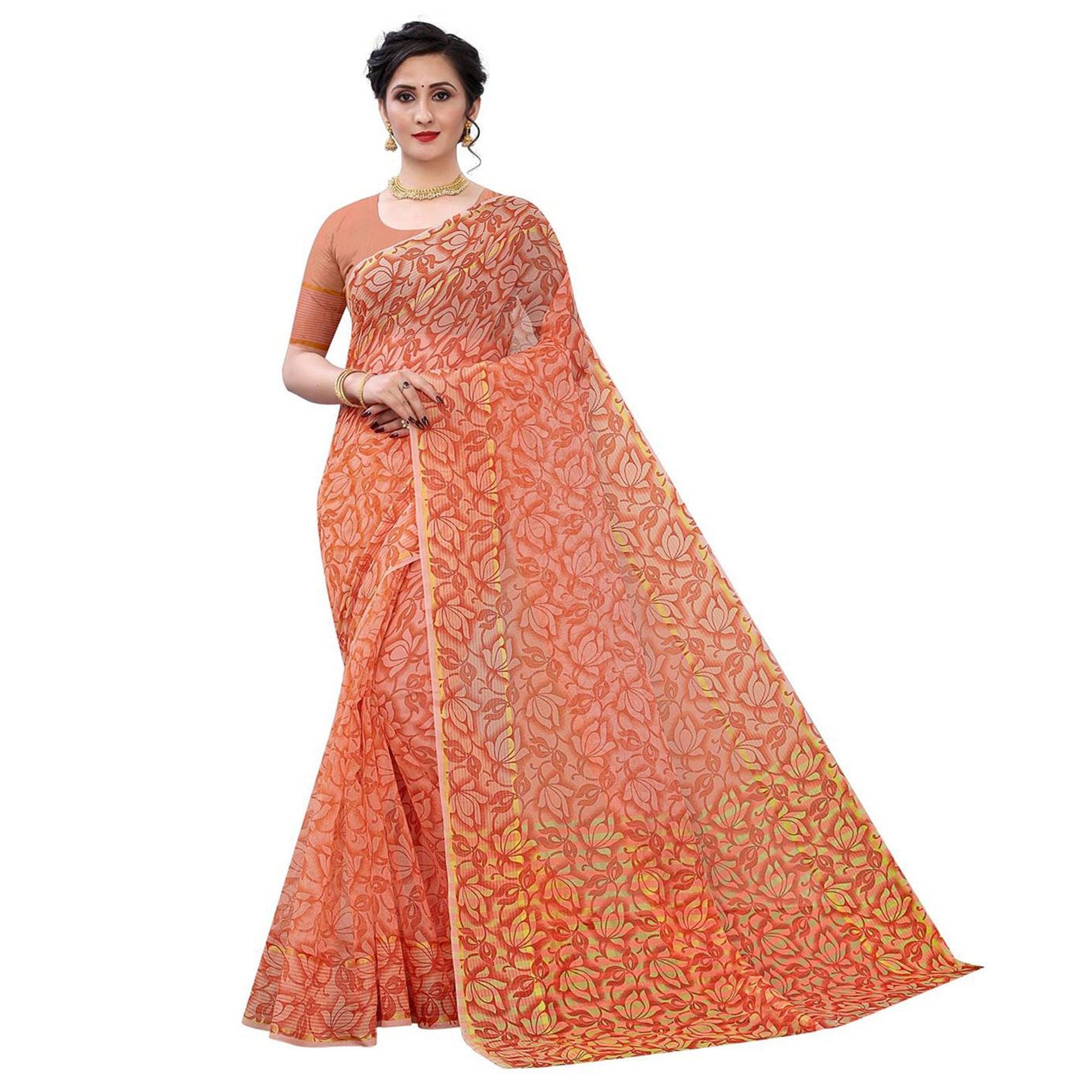 Orange Casual Wear Printed Cotton Saree - Peachmode