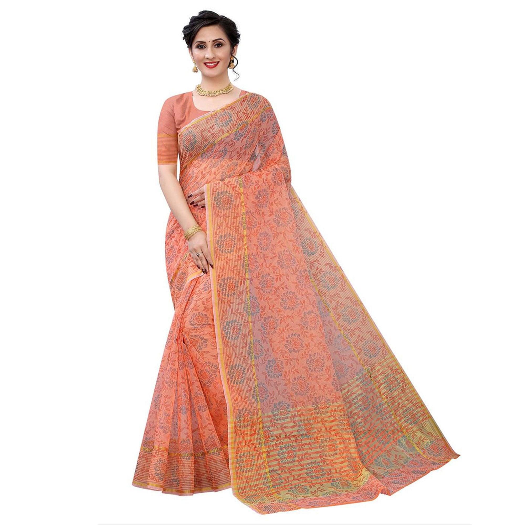 Orange Casual Wear Printed Cotton Saree - Peachmode