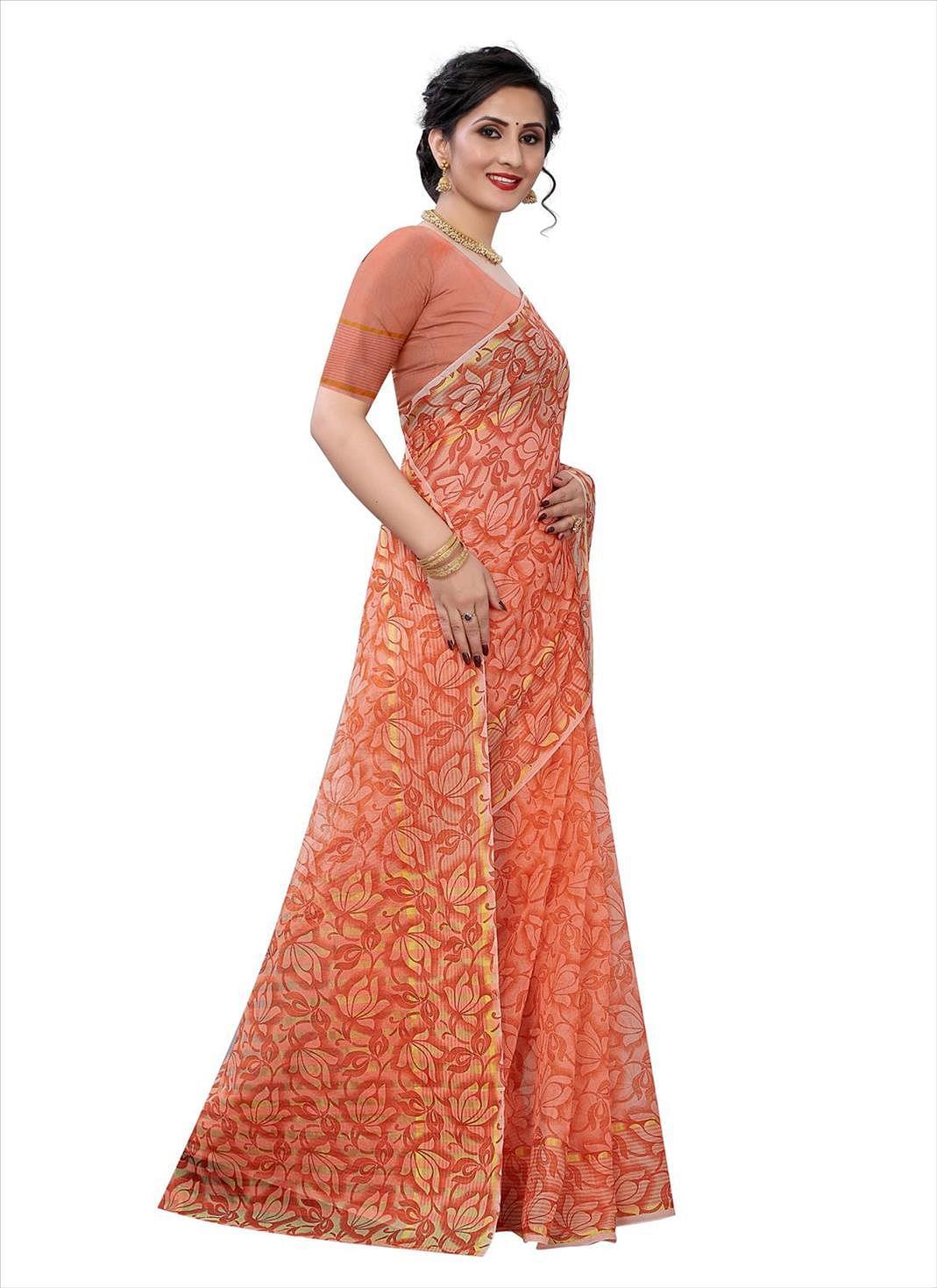 Orange Casual Wear Printed Cotton Saree - Peachmode