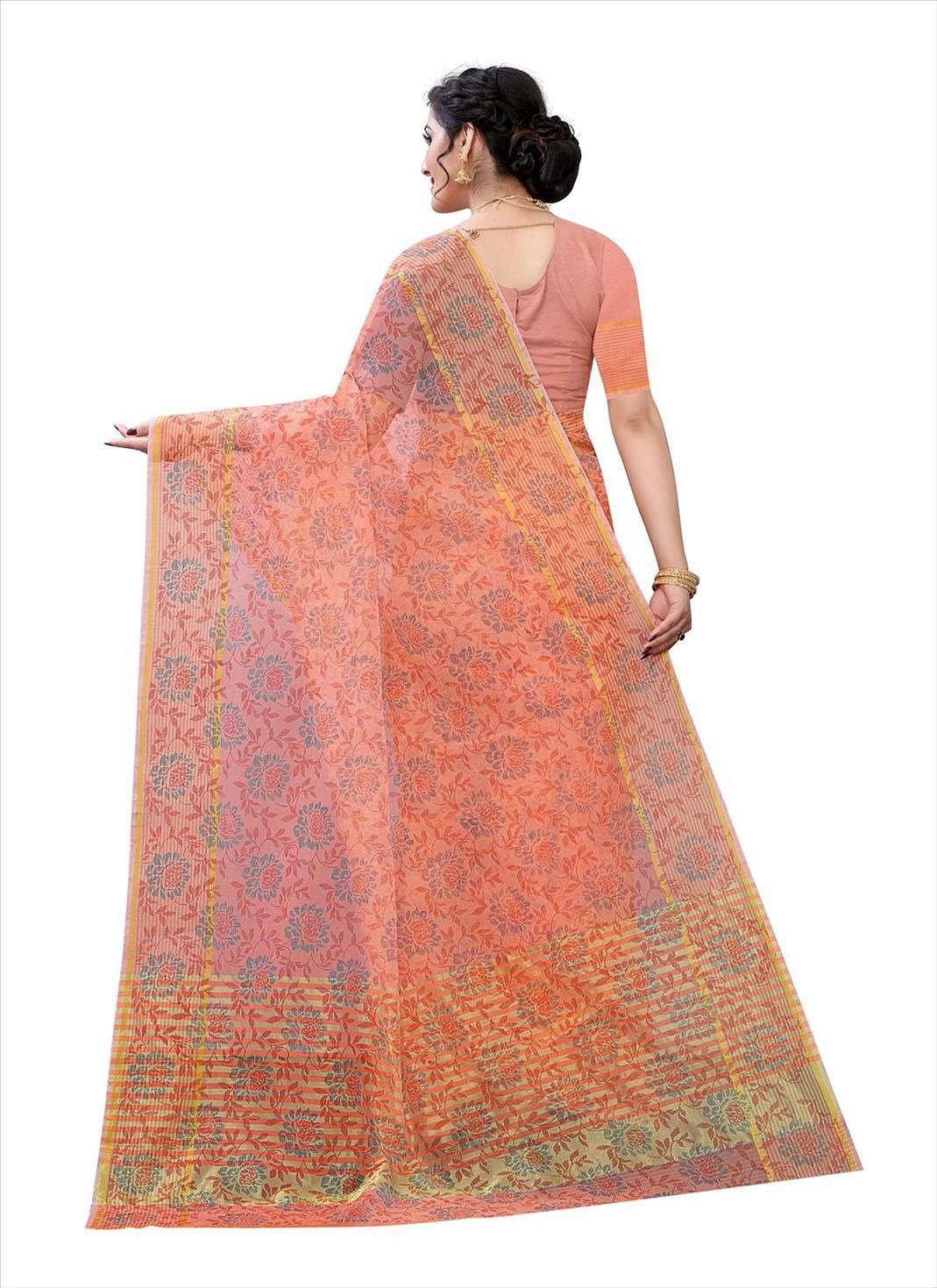 Orange Casual Wear Printed Cotton Saree - Peachmode