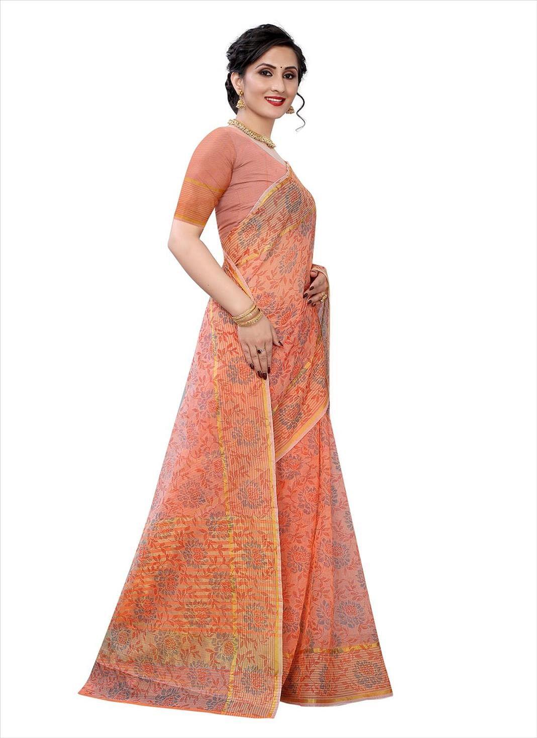 Orange Casual Wear Printed Cotton Saree - Peachmode