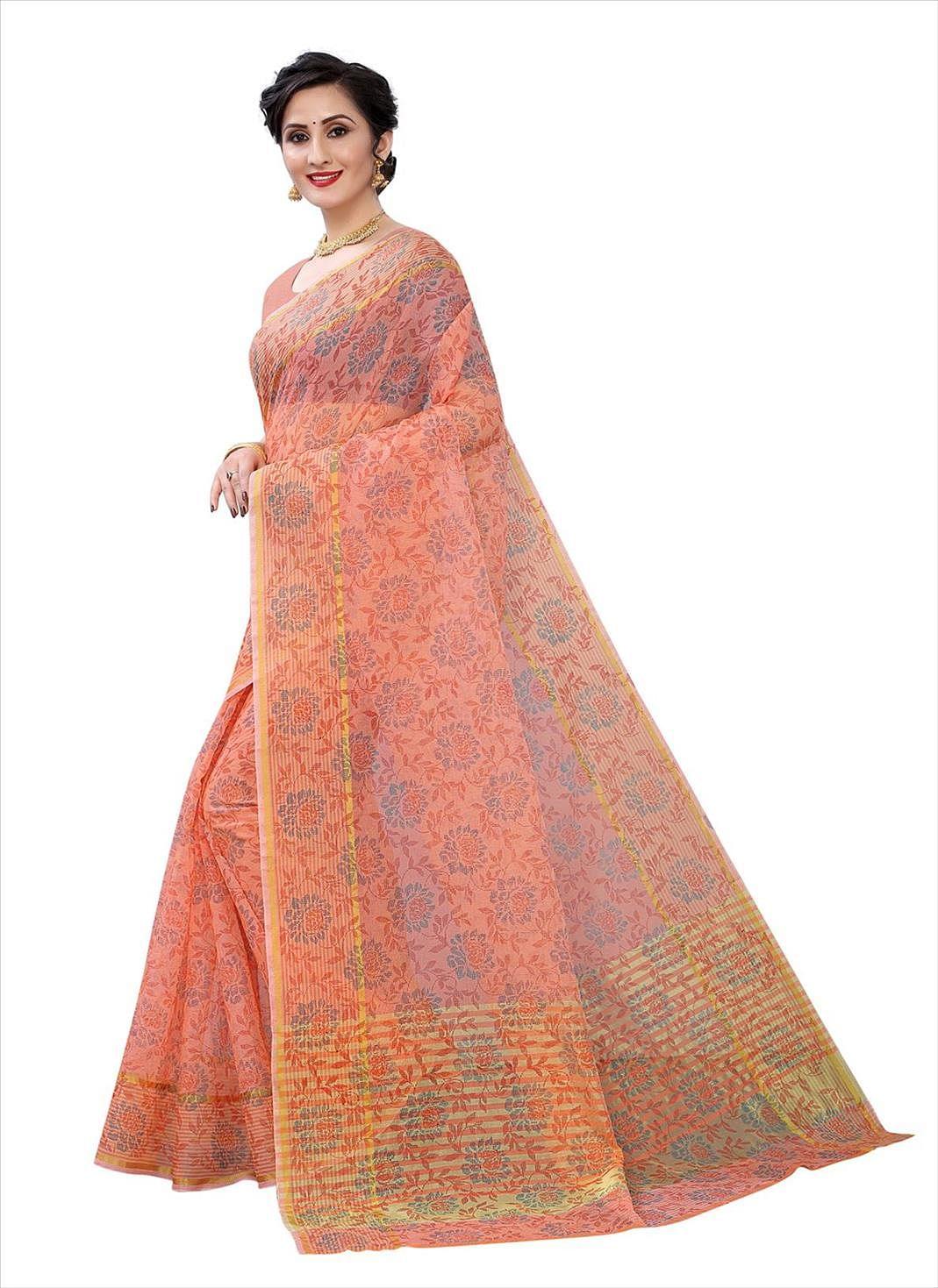 Orange Casual Wear Printed Cotton Saree - Peachmode
