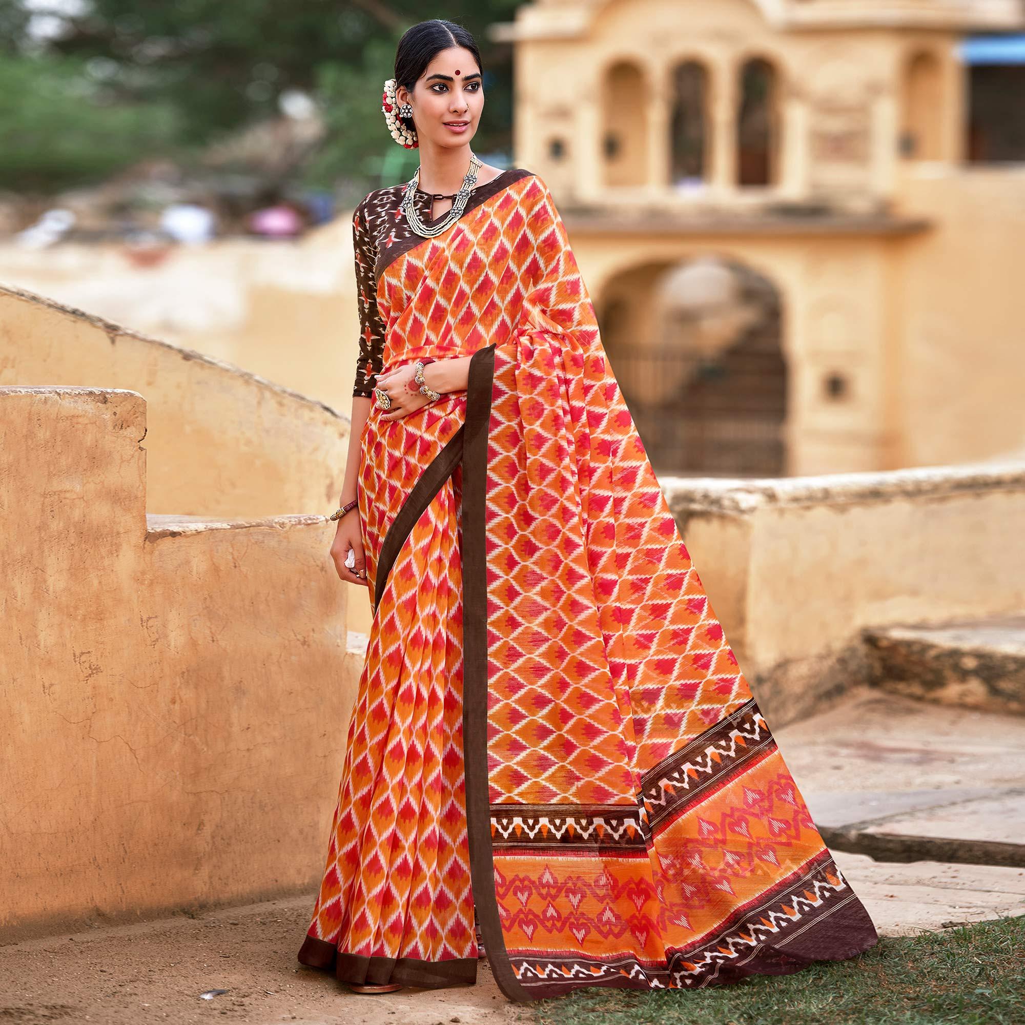 Orange Casual Wear Printed Cotton Silk Saree - Peachmode