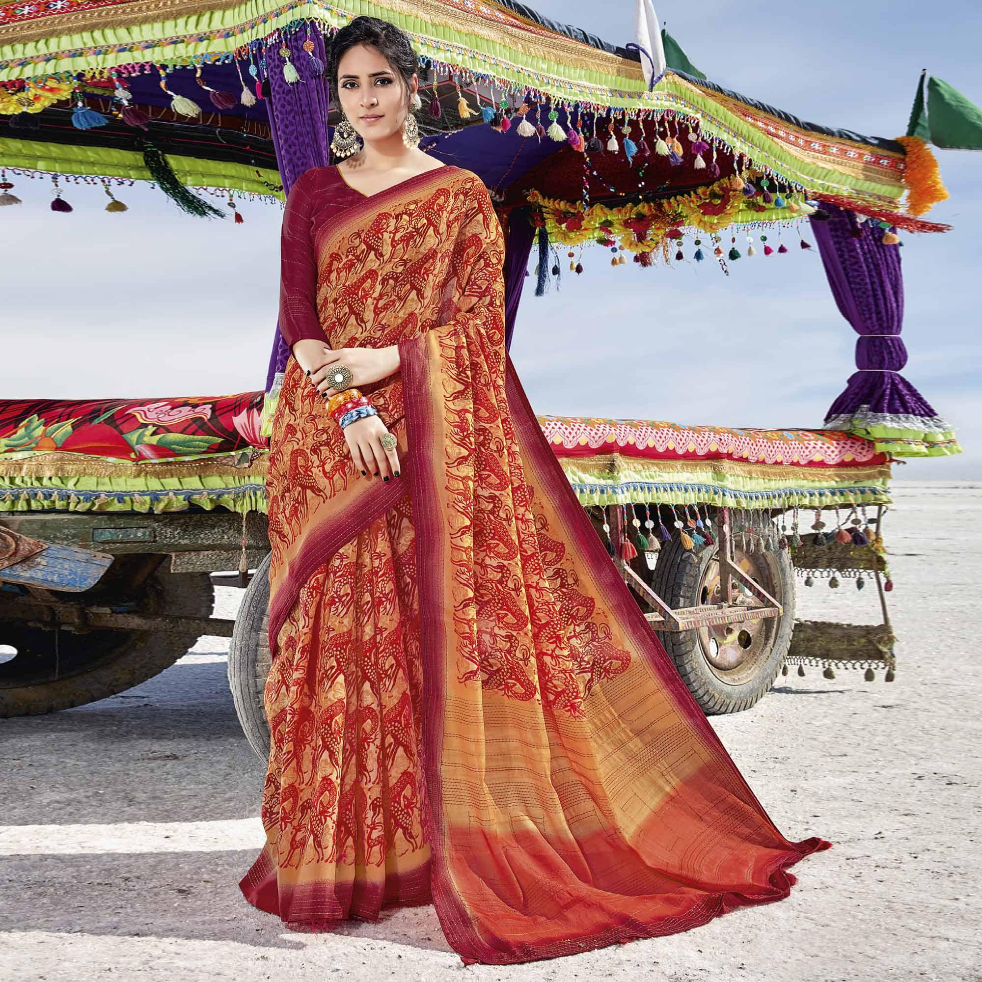 Orange Casual Wear Printed Cotton Silk Saree - Peachmode