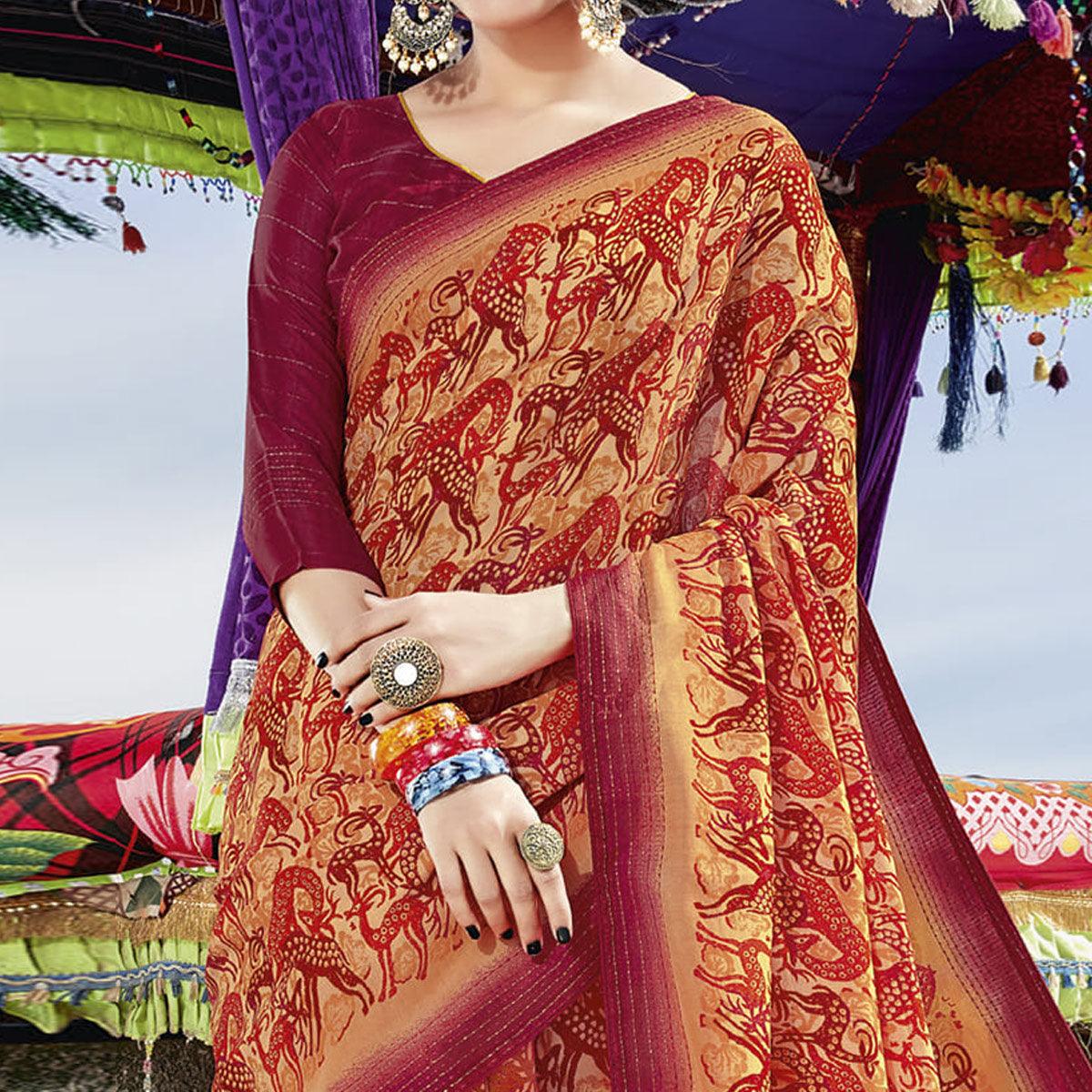 Orange Casual Wear Printed Cotton Silk Saree - Peachmode