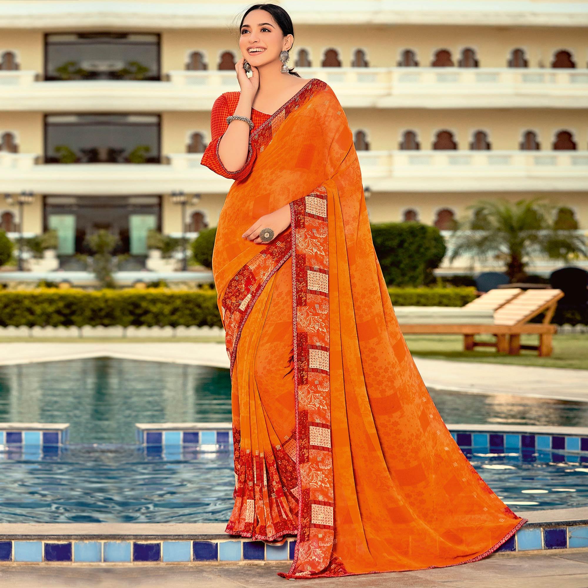 Orange Casual Wear Printed Georgette Saree - Peachmode