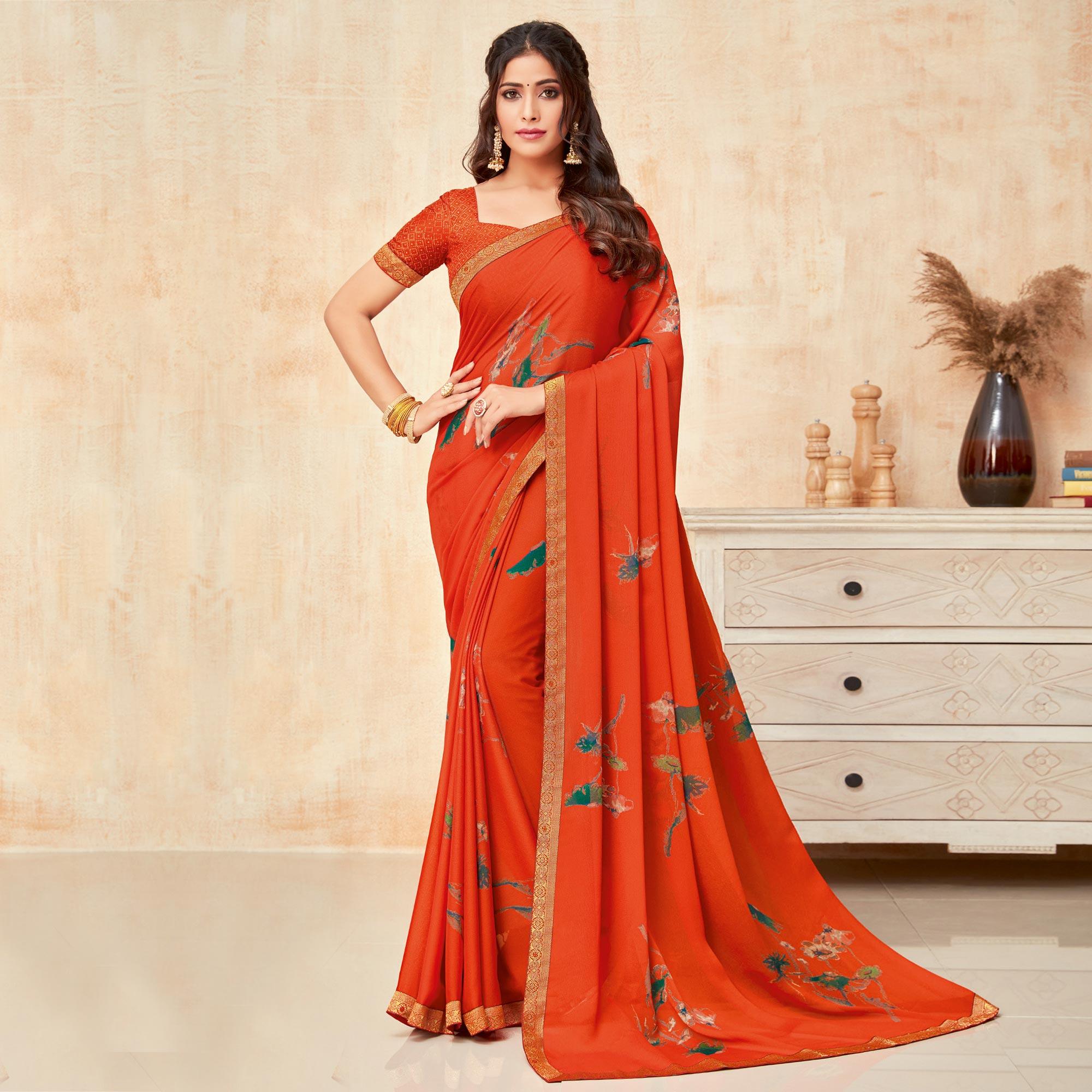 Orange Casual Wear Printed Georgette Saree - Peachmode
