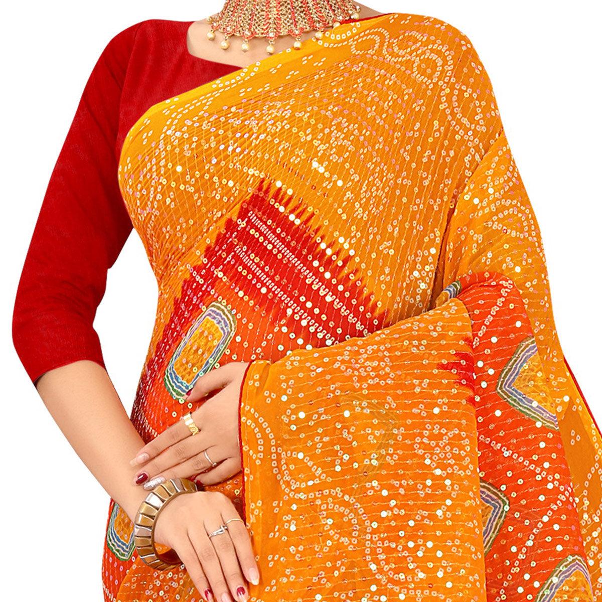 Orange Casual Wear Printed Georgette Saree - Peachmode