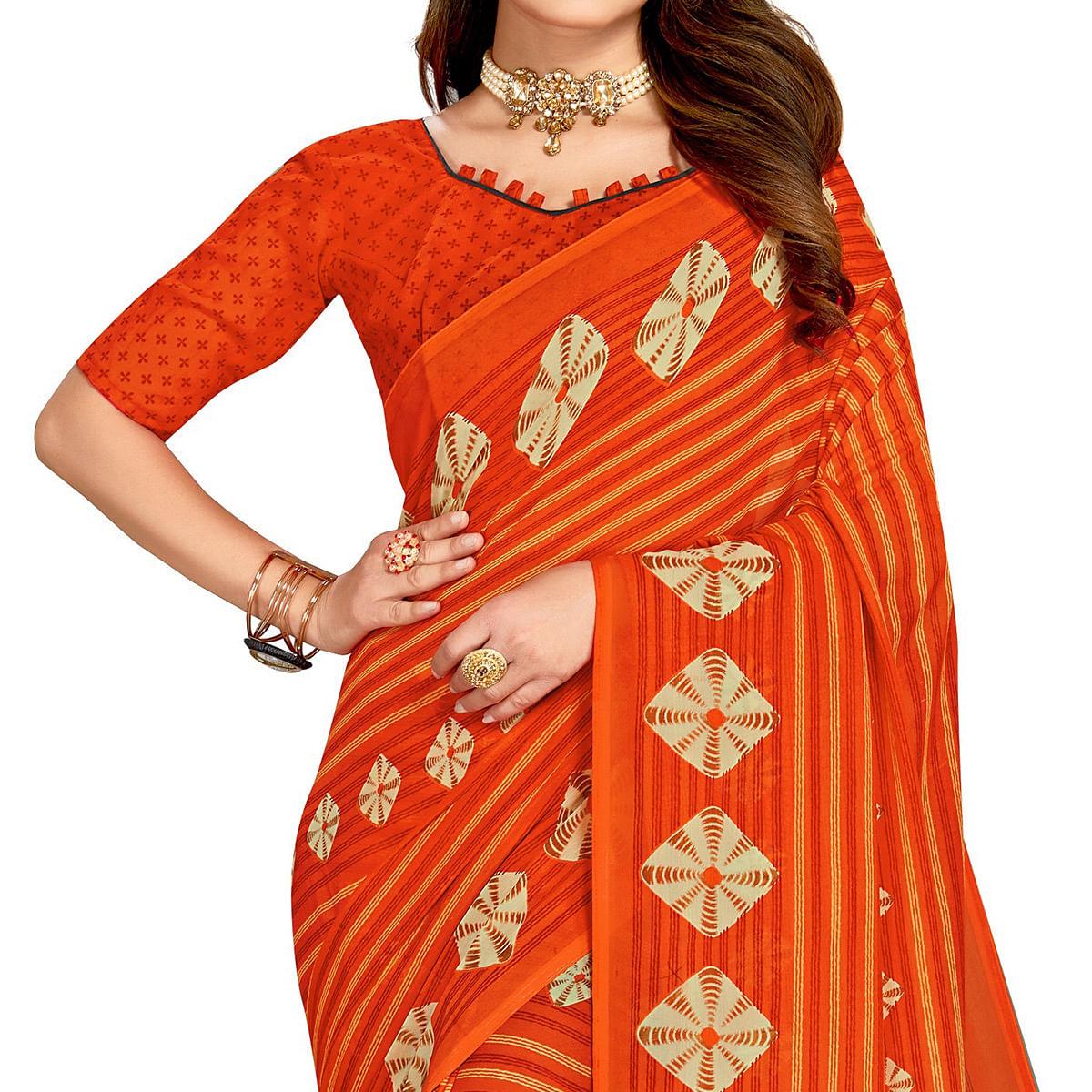 Orange Casual Wear Printed Georgette Saree - Peachmode
