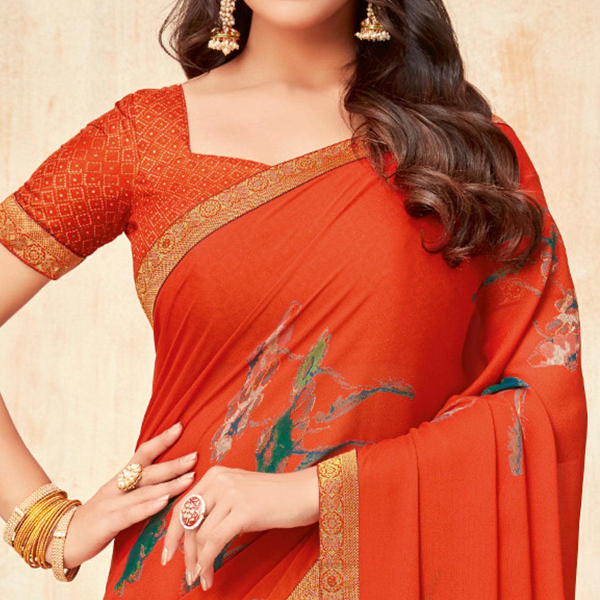 Orange Casual Wear Printed Georgette Saree - Peachmode