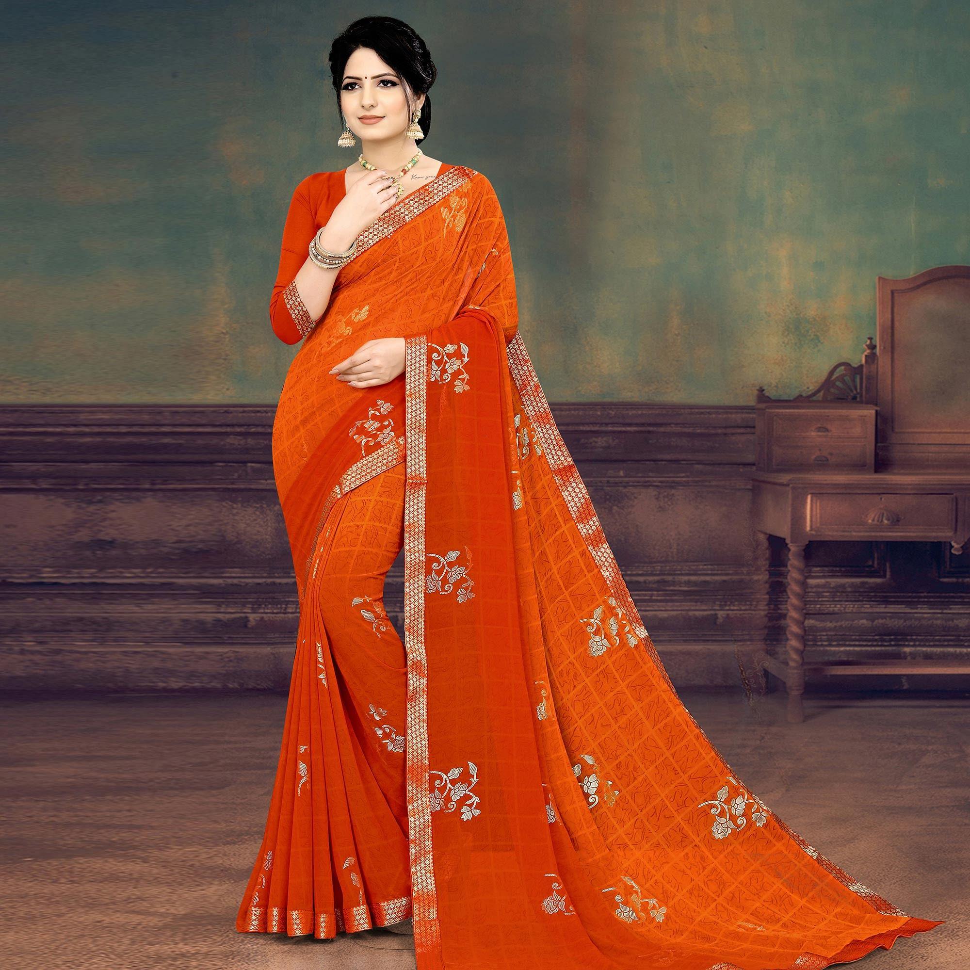 Orange Casual Wear Printed Half Half Georgette Designer Saree - Peachmode
