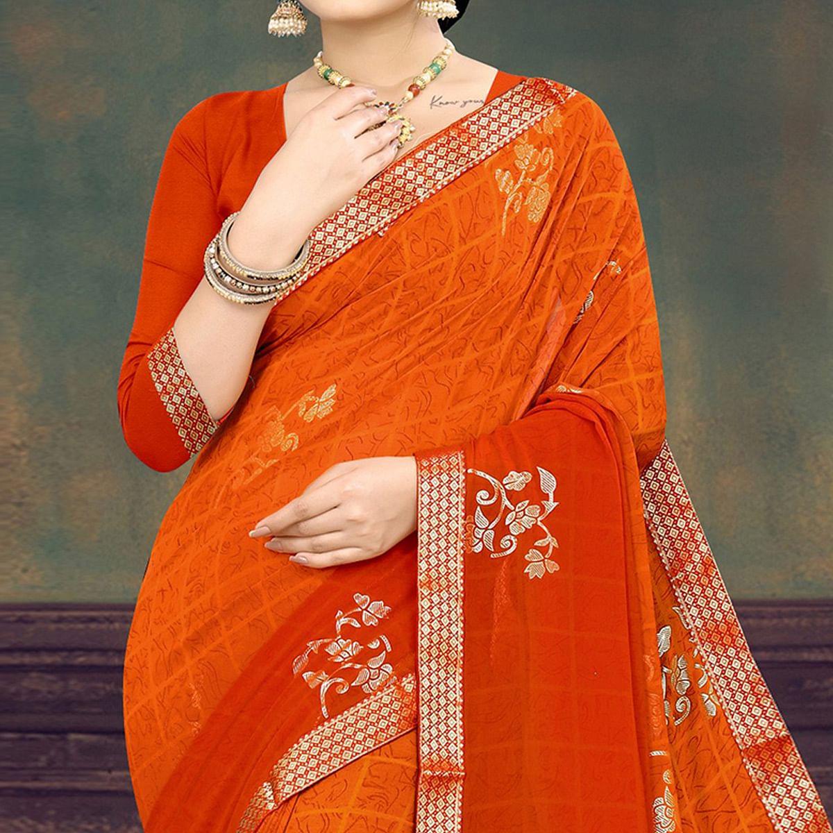 Orange Casual Wear Printed Half Half Georgette Designer Saree - Peachmode