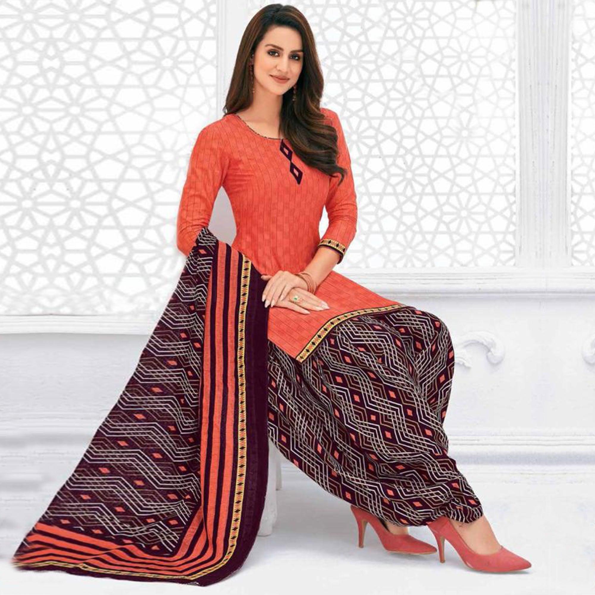 Orange Casual Wear Printed Leon Patiala Dress Material - Peachmode