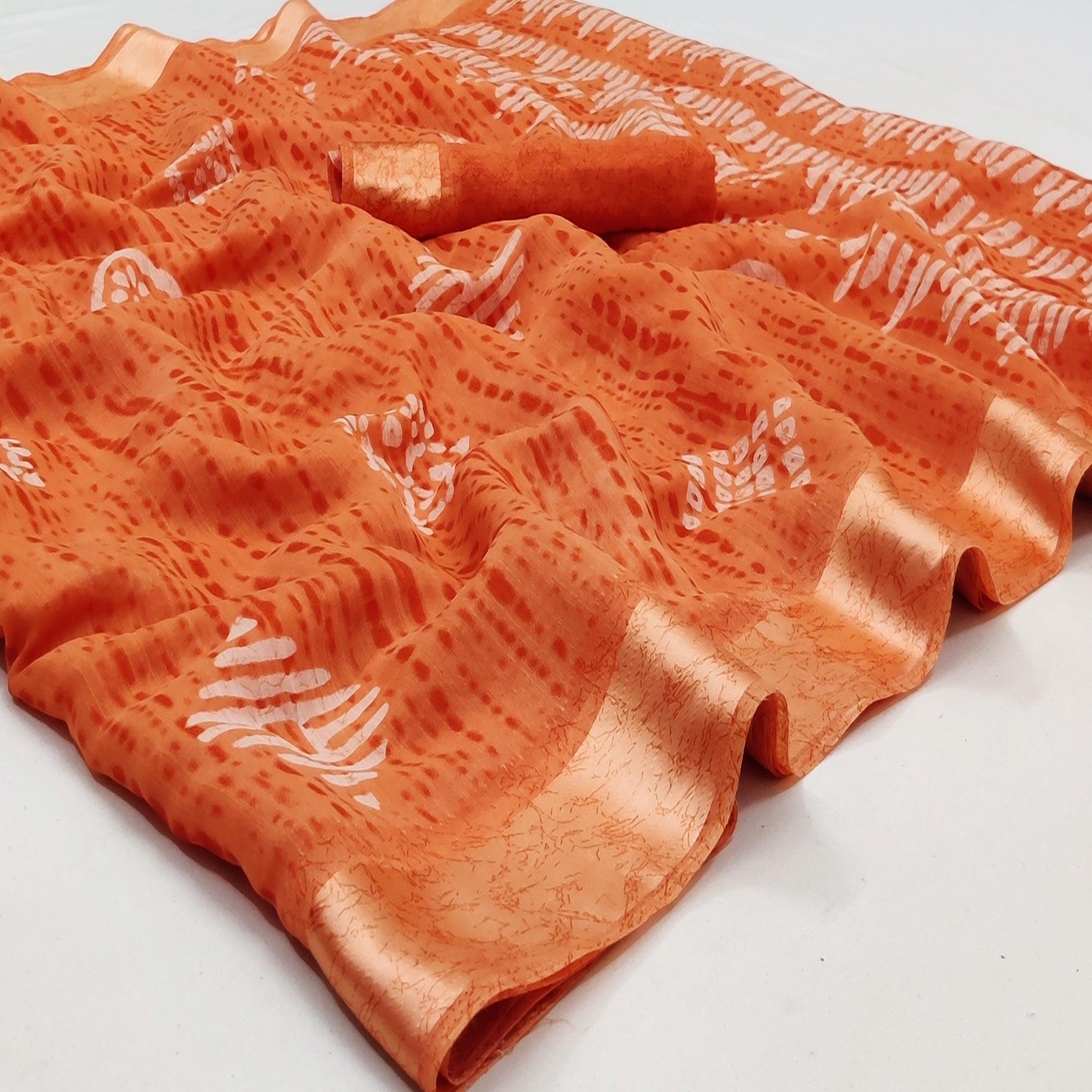 Orange Casual Wear Printed Linen Cotton Saree - Peachmode