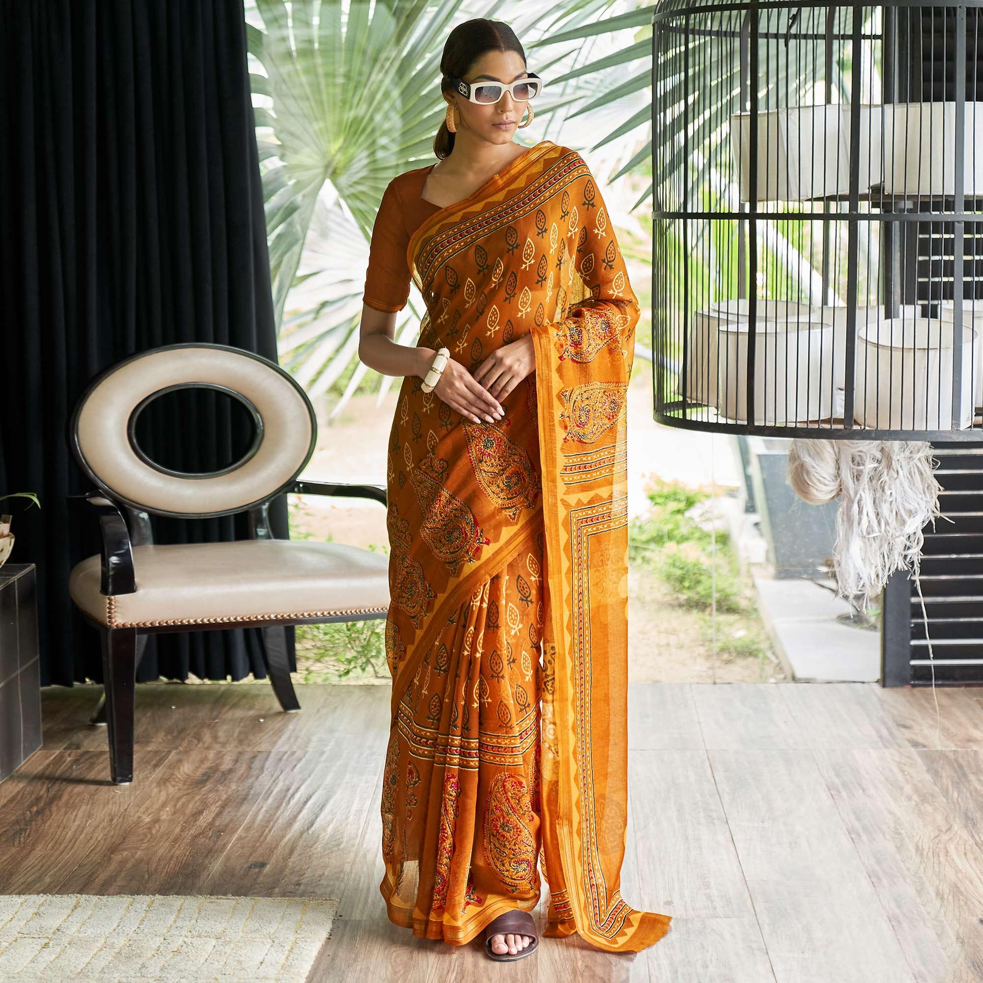 Orange Casual Wear Printed Linen Saree - Peachmode