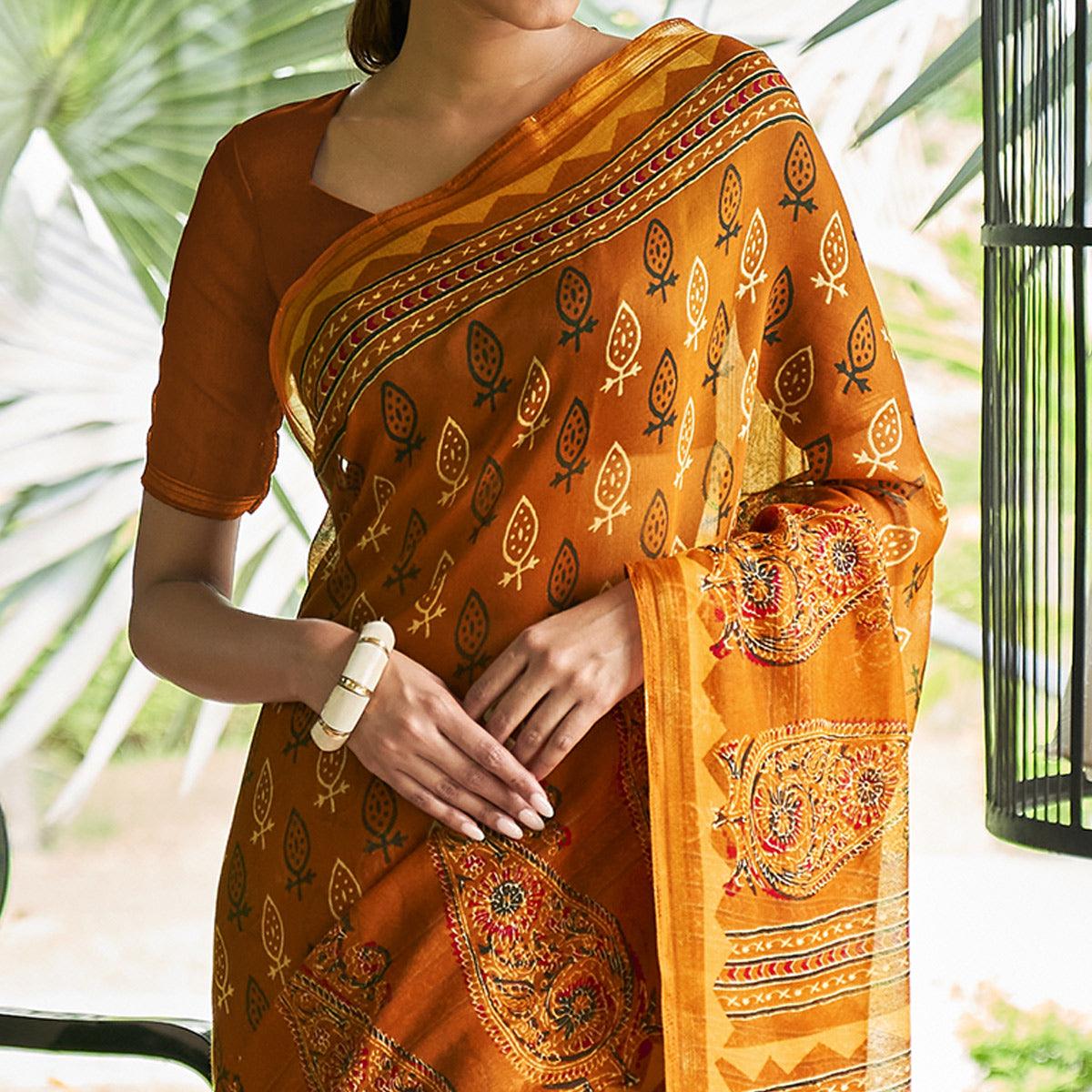 Orange Casual Wear Printed Linen Saree - Peachmode