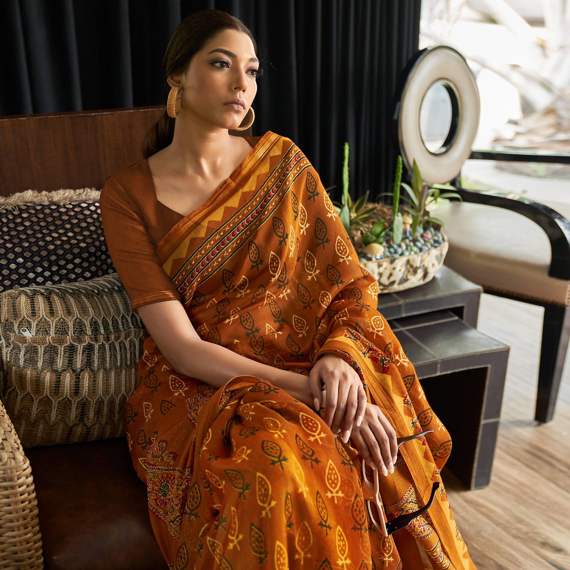 Orange Casual Wear Printed Linen Saree - Peachmode