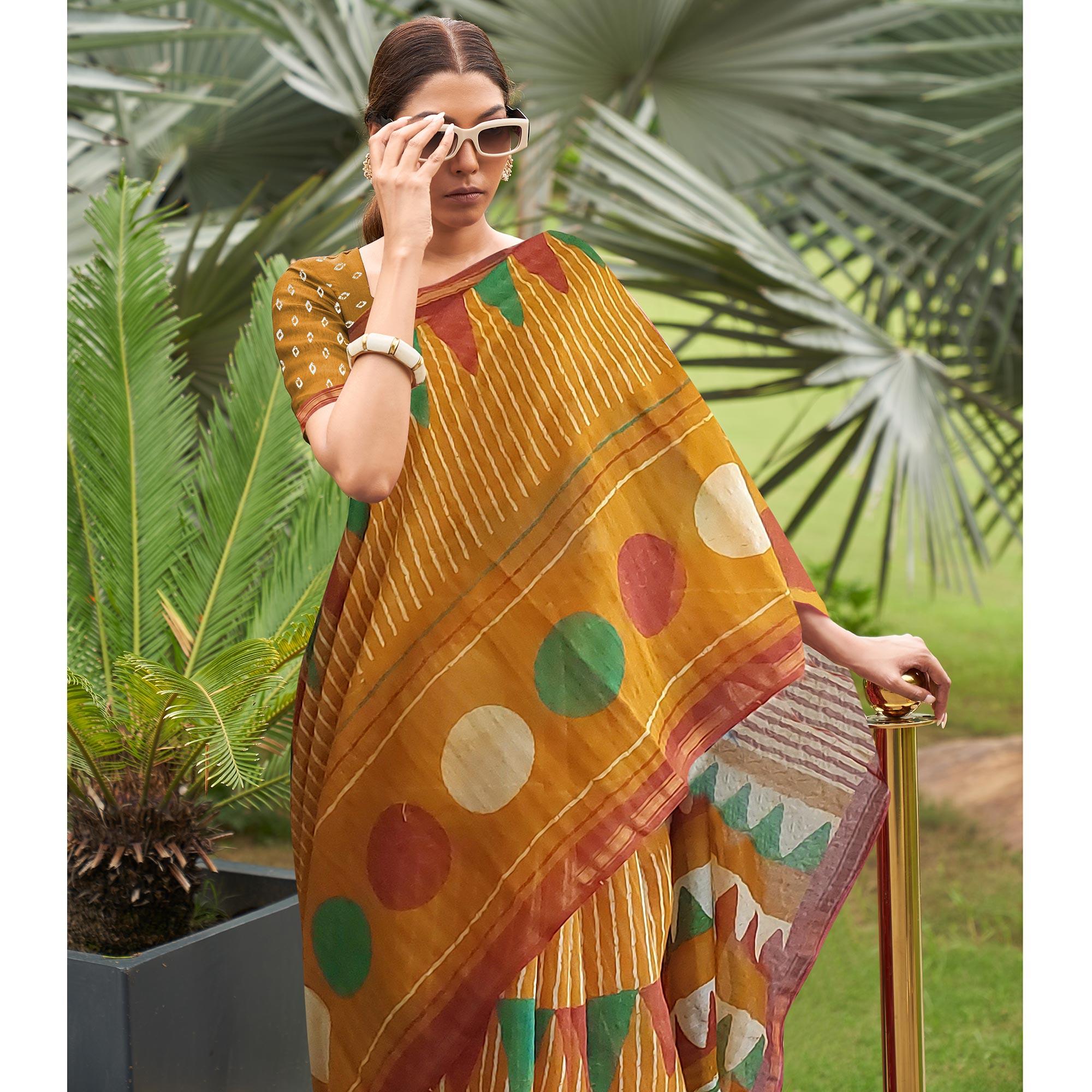 Orange Casual Wear Printed Linen Saree - Peachmode