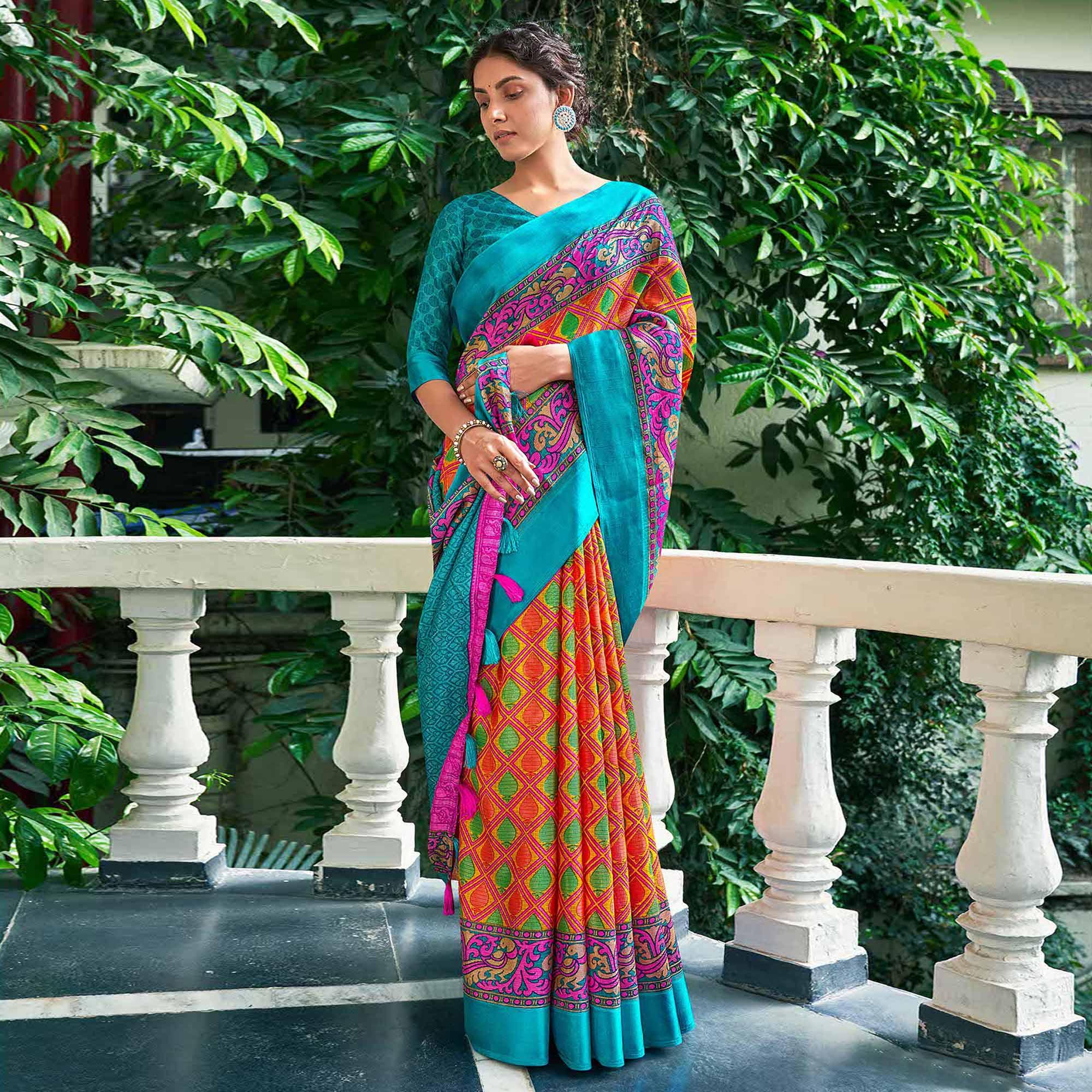 Orange Casual Wear Printed Silk Brasso Saree - Peachmode