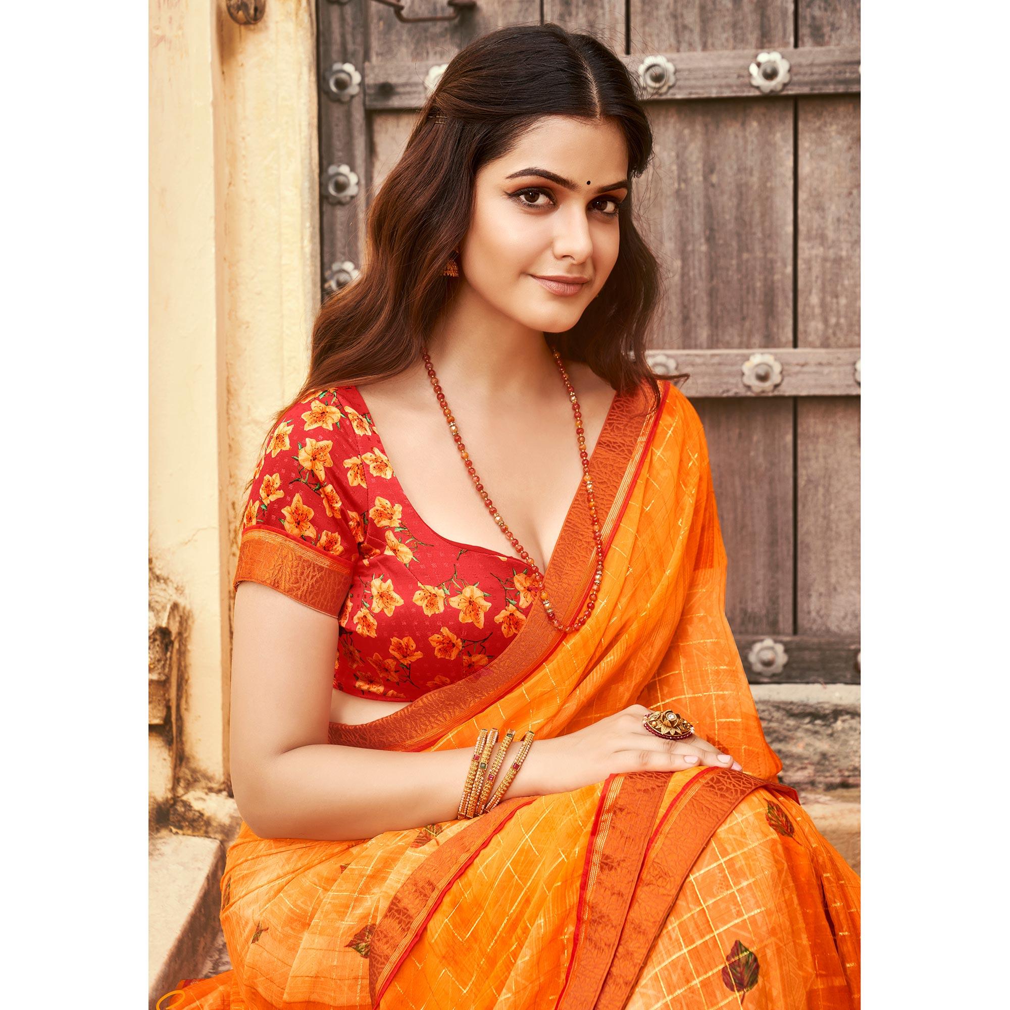 Orange Casual Wear Printed Silk Saree - Peachmode