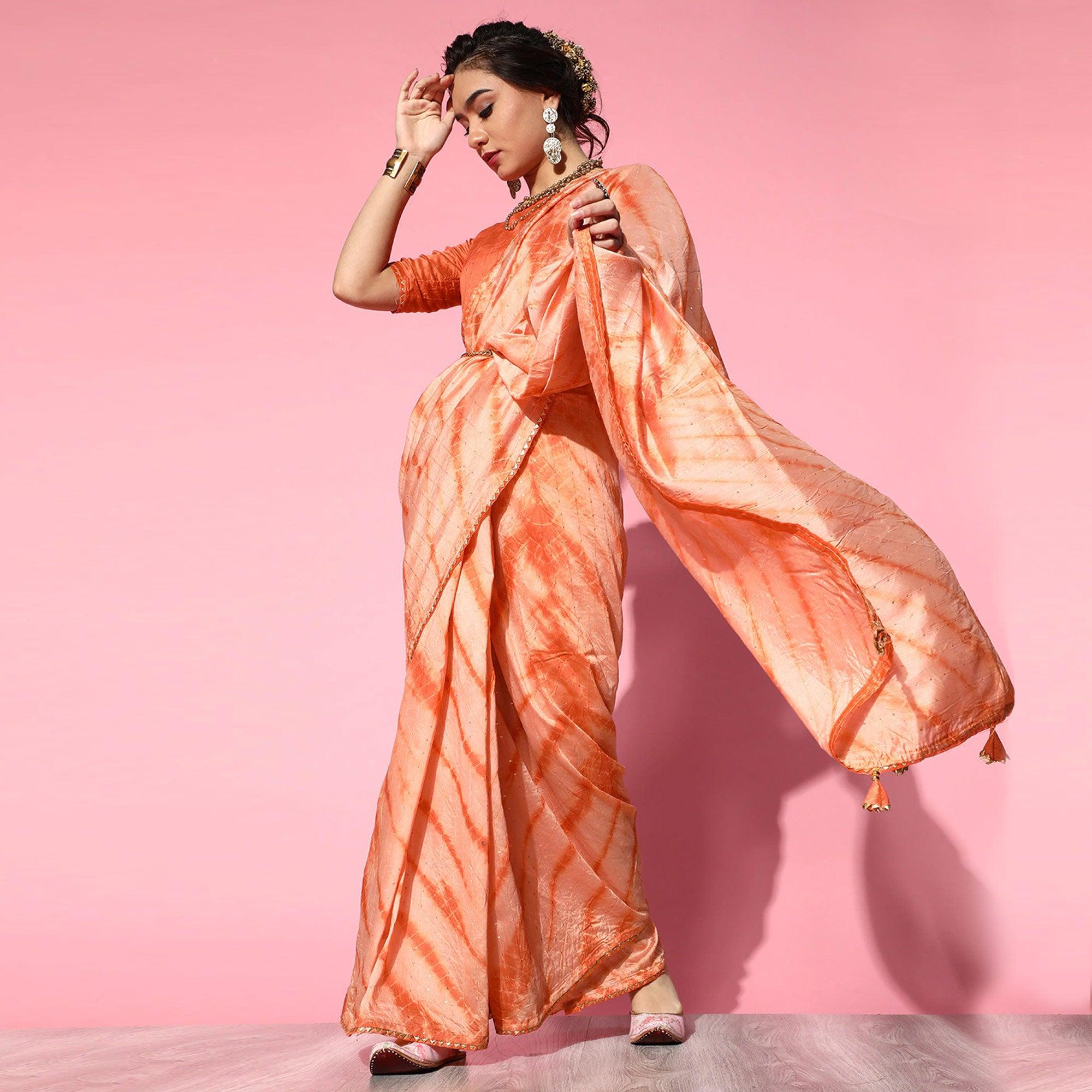 Orange Casual Wear Sequence Work Pure Cotton Silk Saree - Peachmode