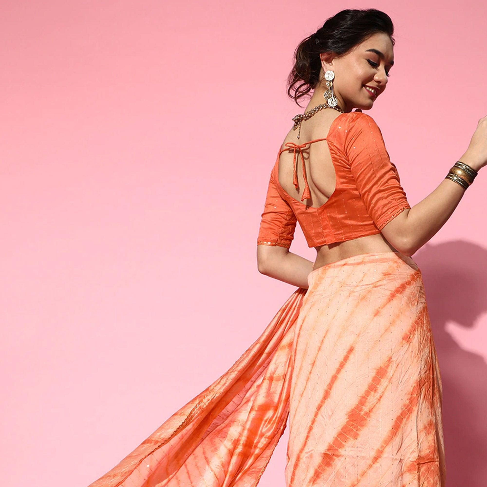 Orange Casual Wear Sequence Work Pure Cotton Silk Saree - Peachmode