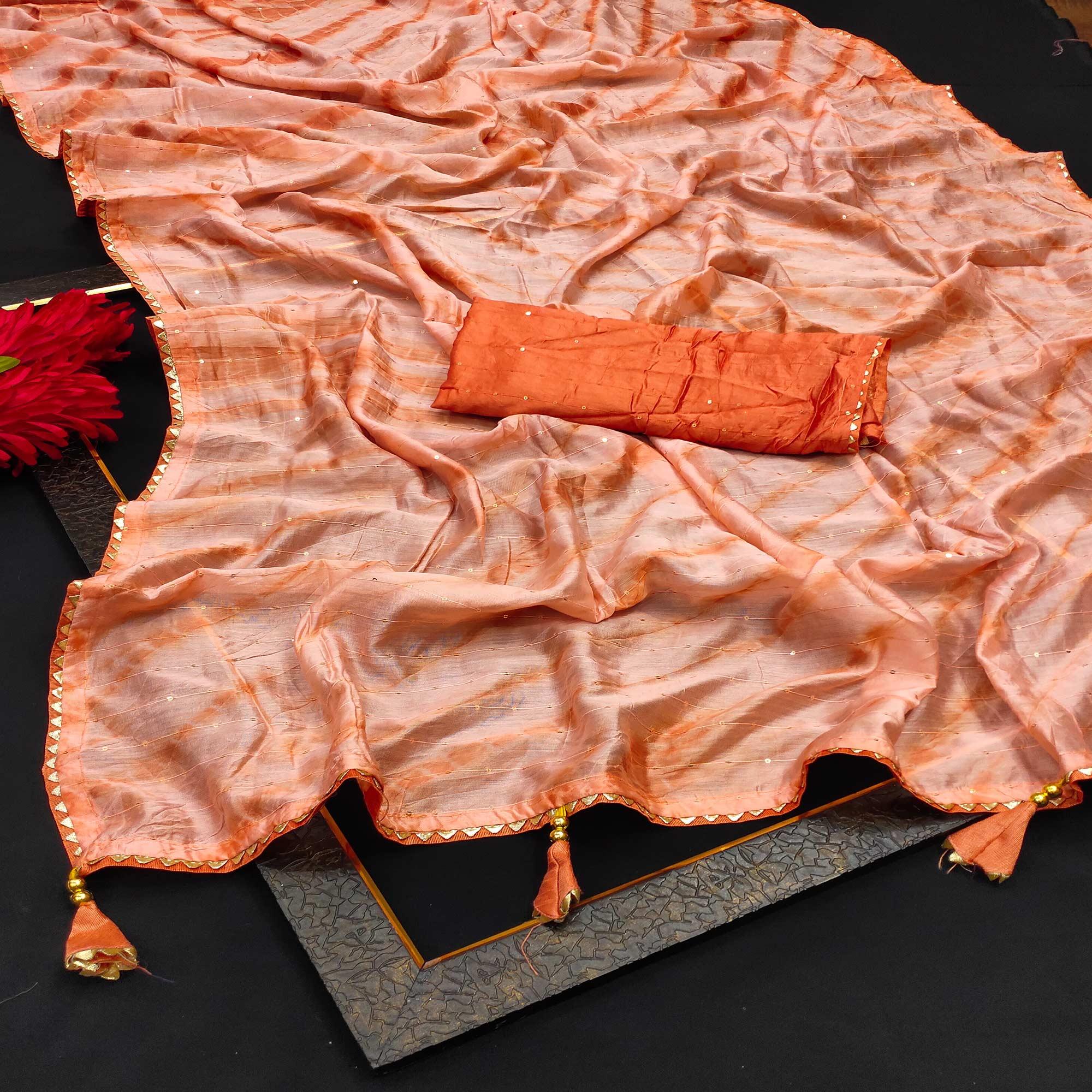Orange Casual Wear Sequence Work Pure Cotton Silk Saree - Peachmode