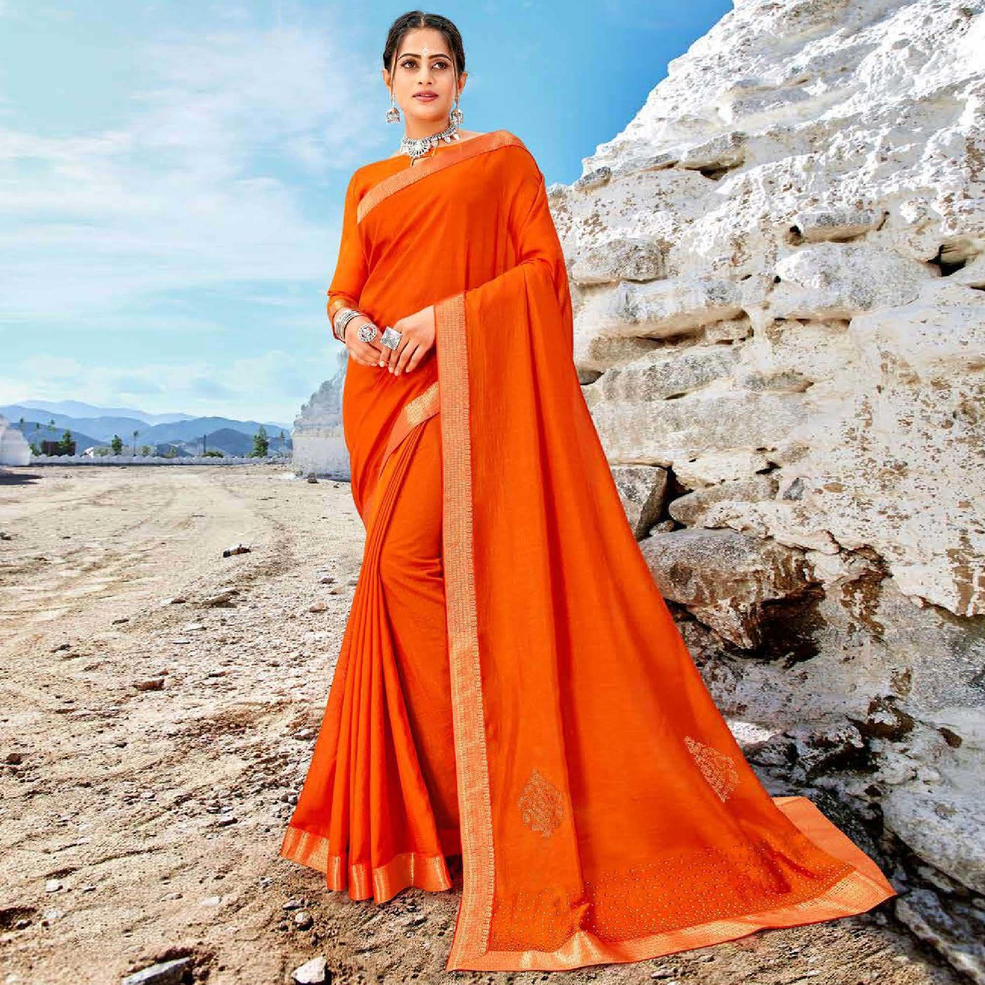 Orange Casual Wear Solid And Woven Silk Saree - Peachmode