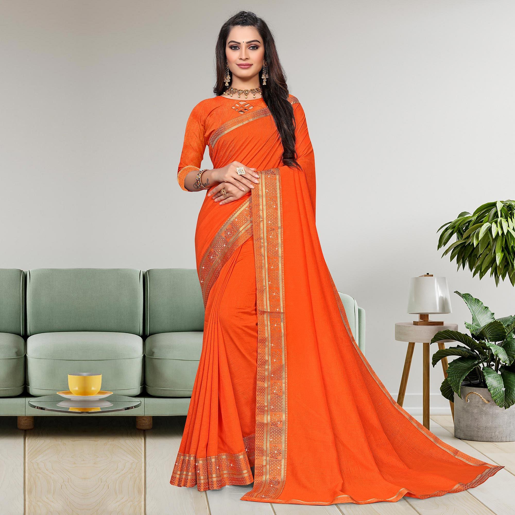 Orange Casual Wear Solid Vichitra Silk Saree - Peachmode