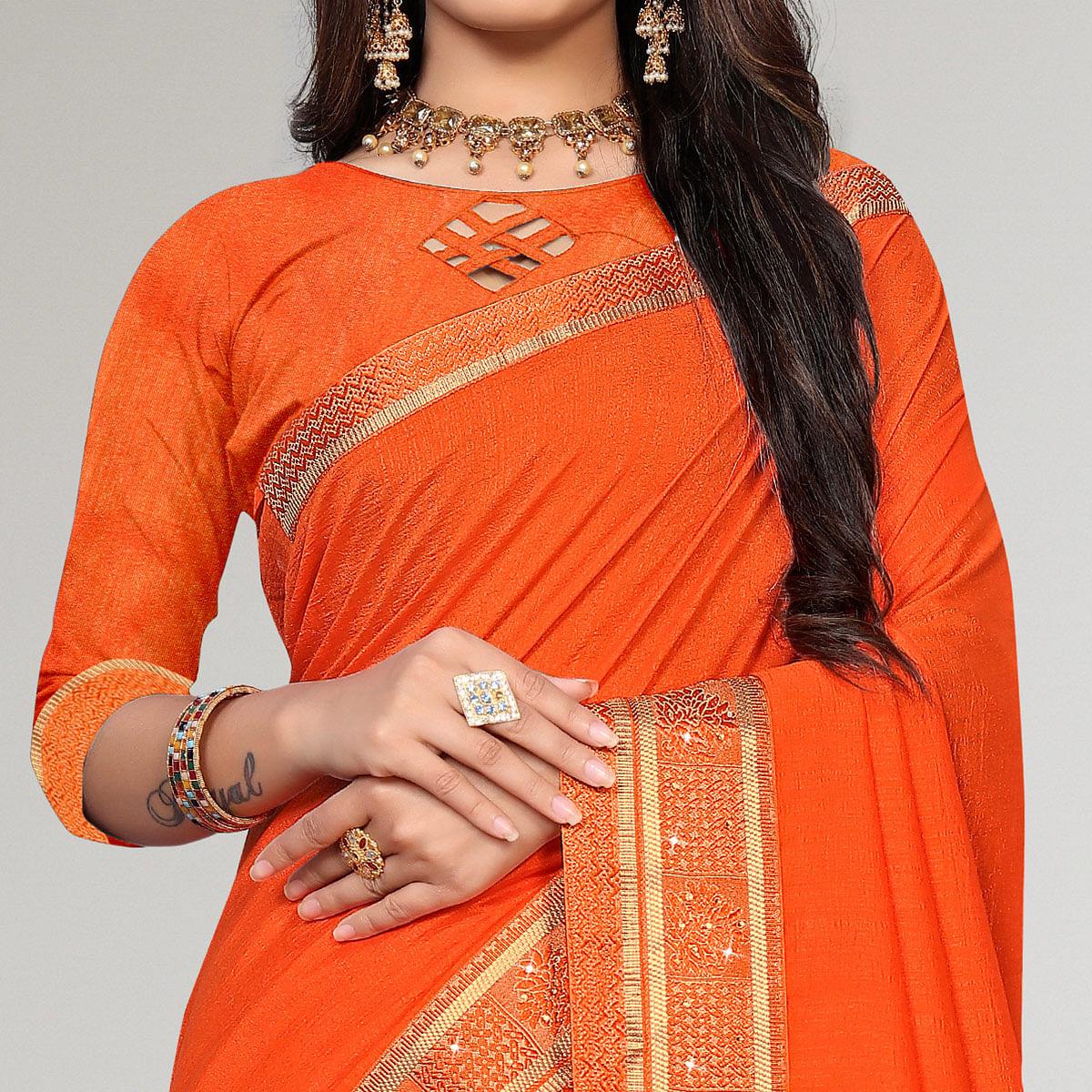 Orange Casual Wear Solid Vichitra Silk Saree - Peachmode