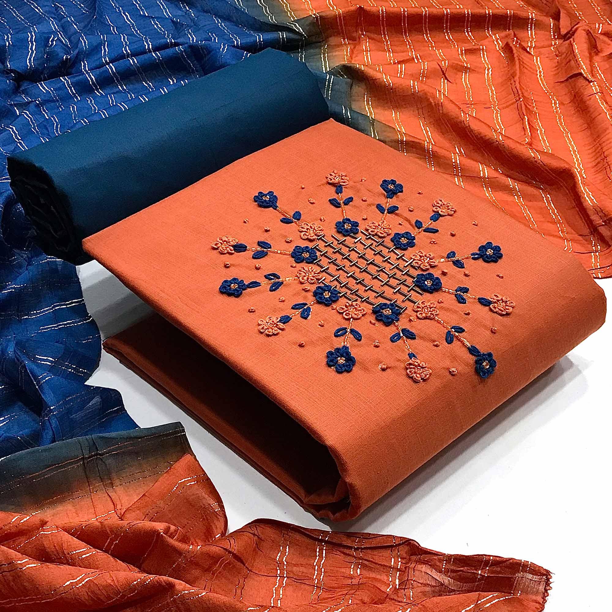 Orange Casual Wear Thread & Embellished Khatli Work Cotton Dress Material - Peachmode