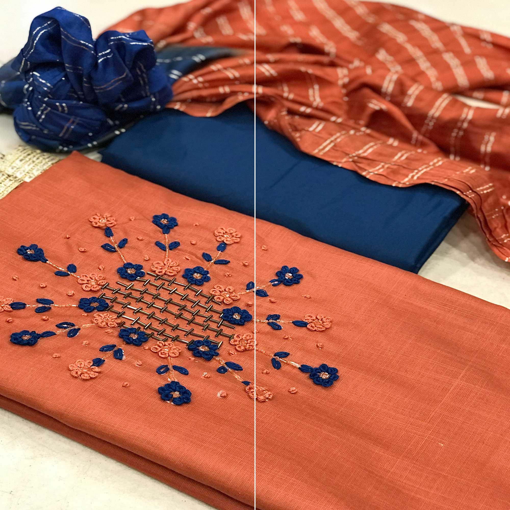 Orange Casual Wear Thread & Embellished Khatli Work Cotton Dress Material - Peachmode