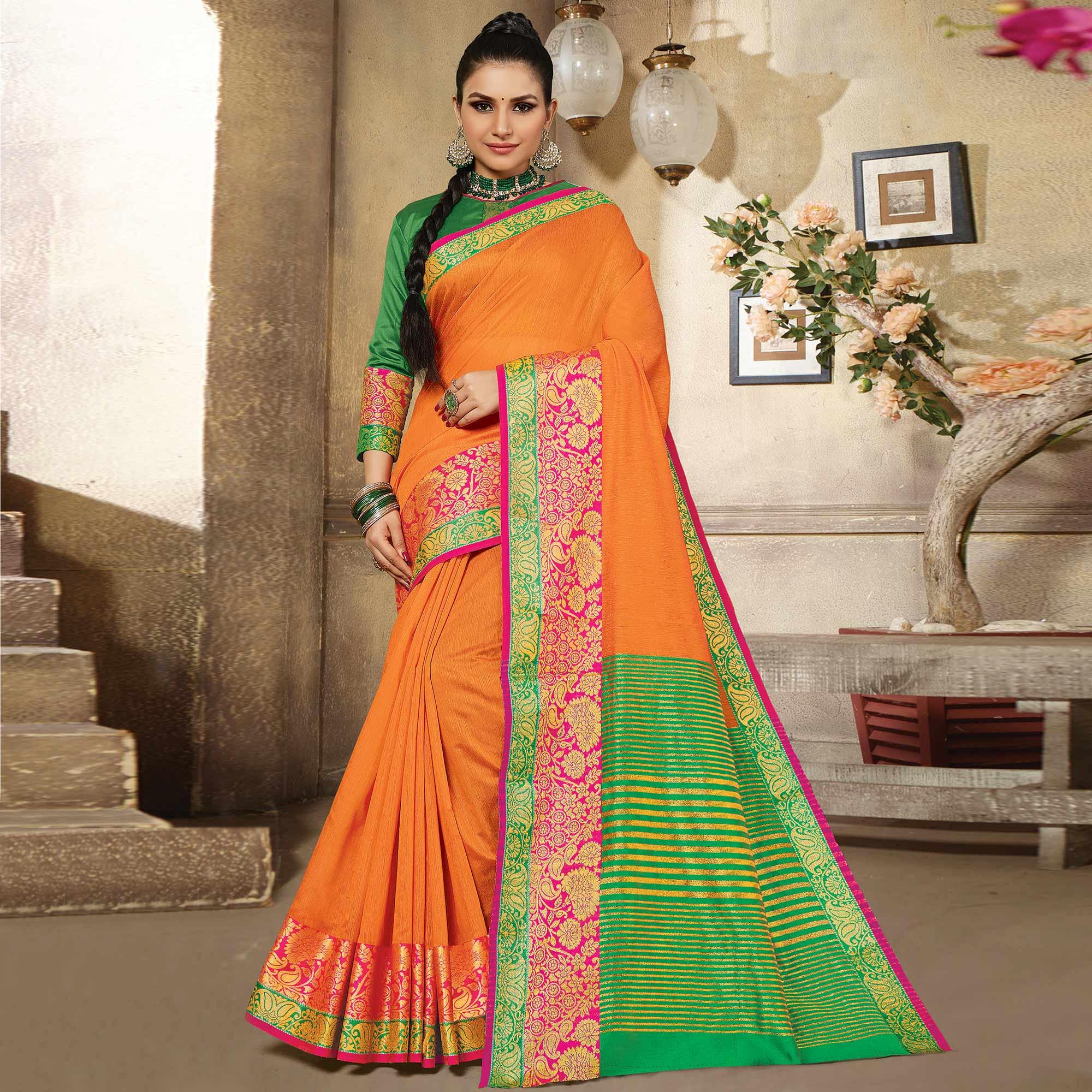 Orange Casual Wear Woven Cotton Handloom Saree - Peachmode