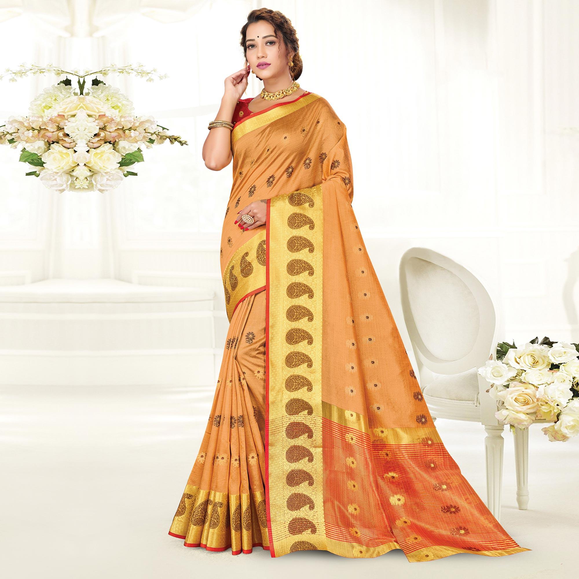 Orange Casual Wear Woven Cotton Handloom Saree - Peachmode