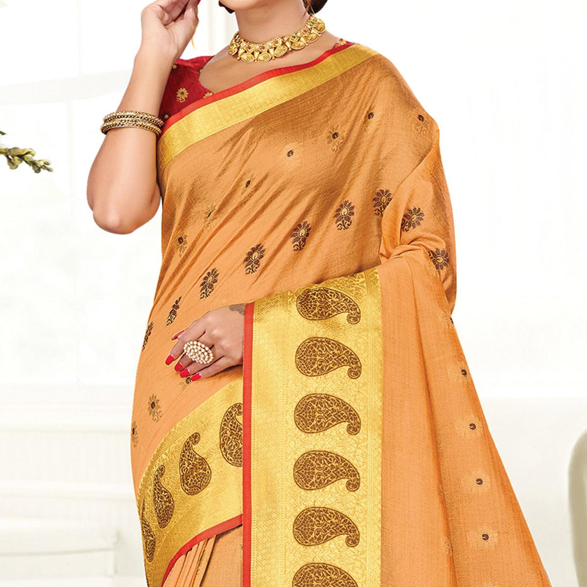 Orange Casual Wear Woven Cotton Handloom Saree - Peachmode