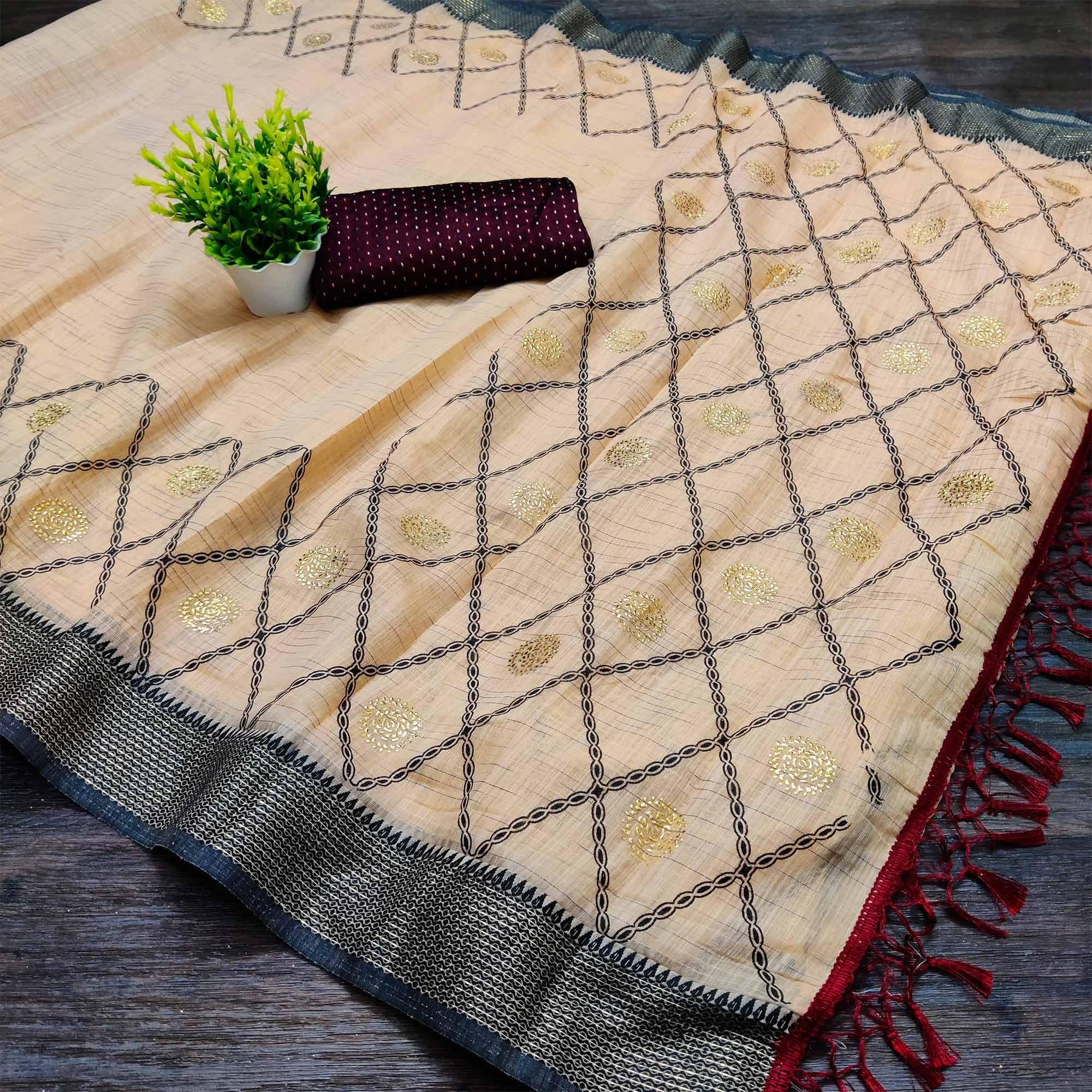 Orange Casual Wear Woven Cotton Saree With Mukaish Work - Peachmode