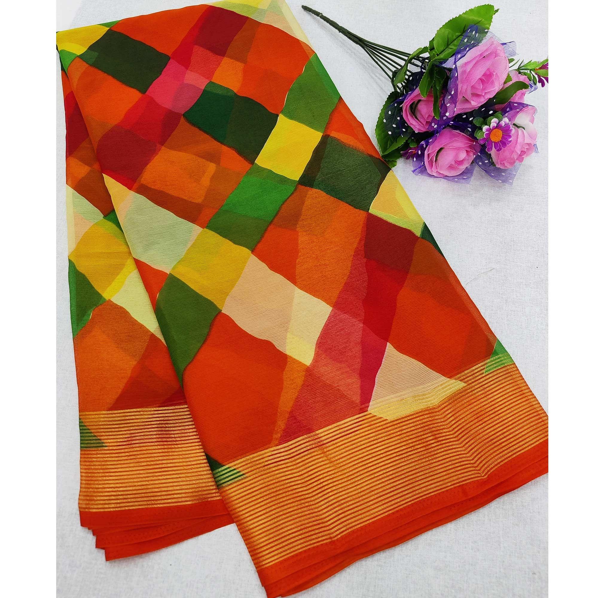 Orange Cheks Printed Chiffon Saree - Peachmode